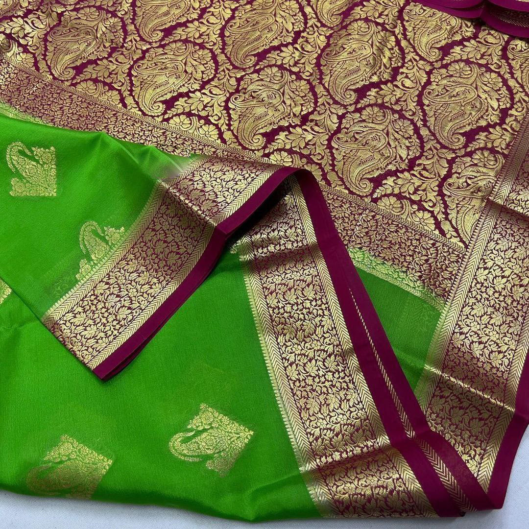 Pure crepe mysore silk by Icultuers With beautiful Zari weaving motifs