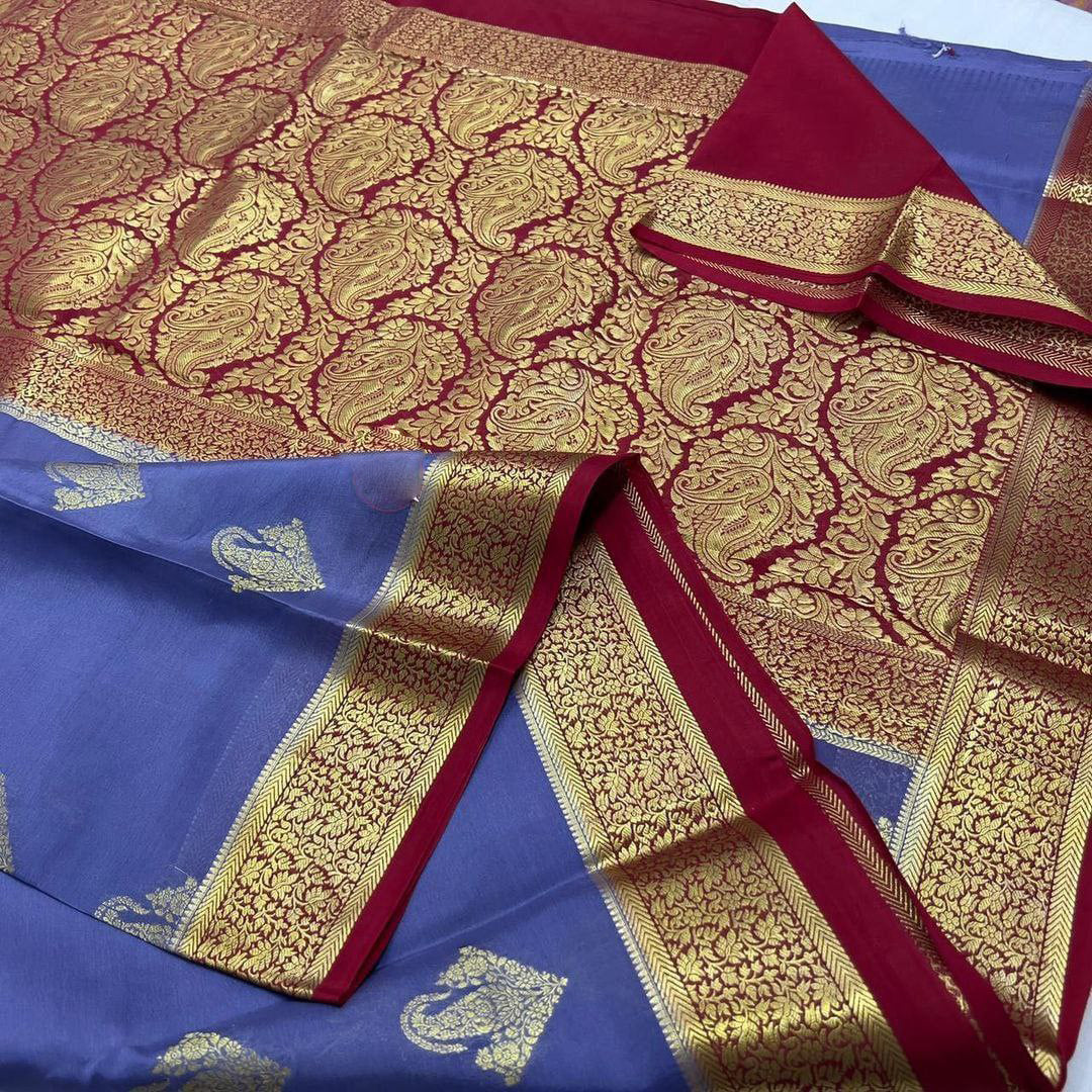 Pure crepe mysore silk by Icultuers With beautiful Zari weaving motifs