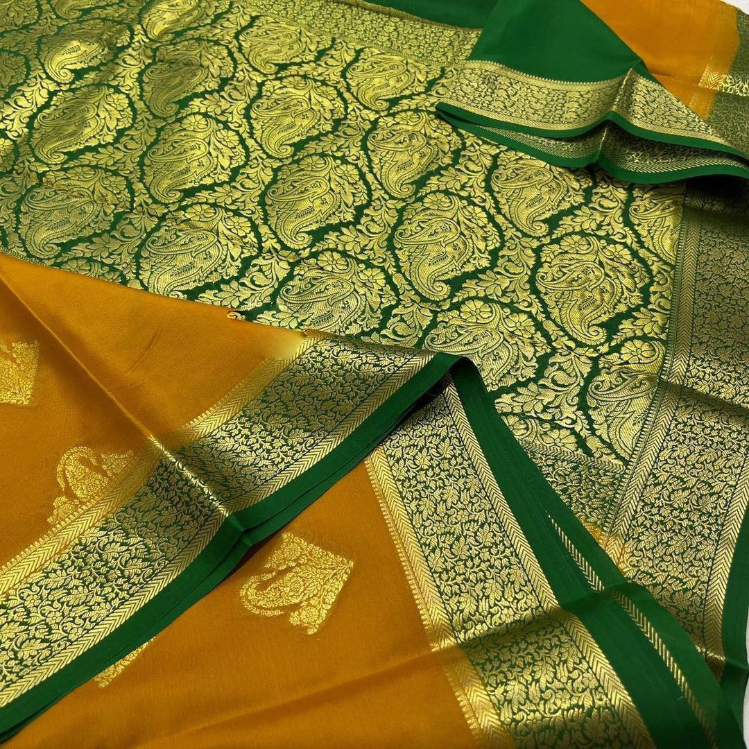 Pure crepe mysore silk by Icultuers With beautiful Zari weaving motifs