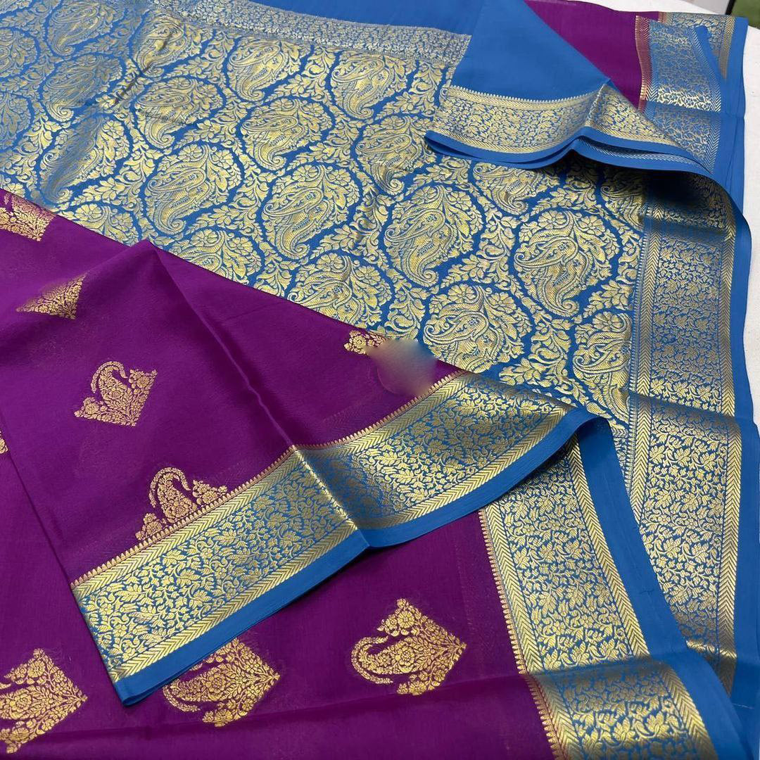 Pure crepe mysore silk by Icultuers With beautiful Zari weaving motifs