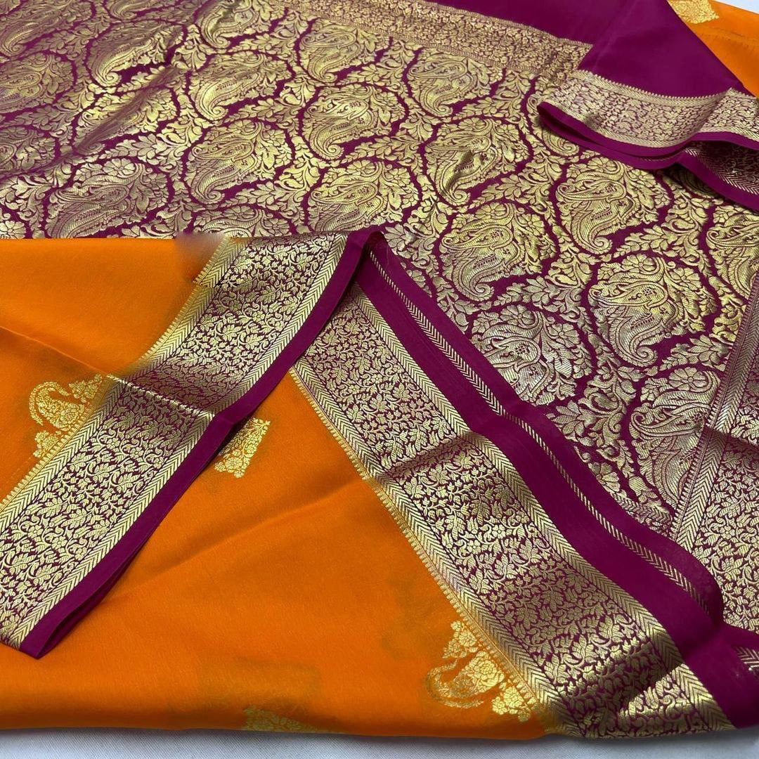 Pure crepe mysore silk by Icultuers With beautiful Zari weaving motifs
