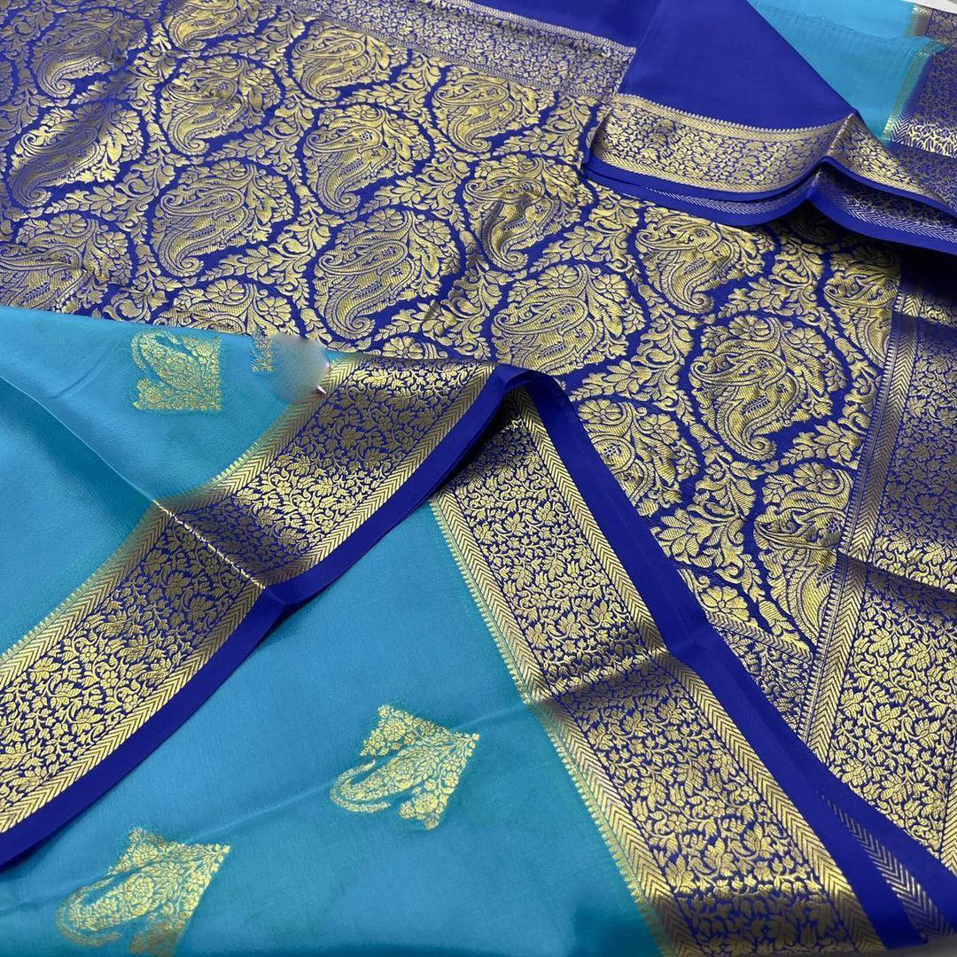 Pure crepe mysore silk by Icultuers With beautiful Zari weaving motifs