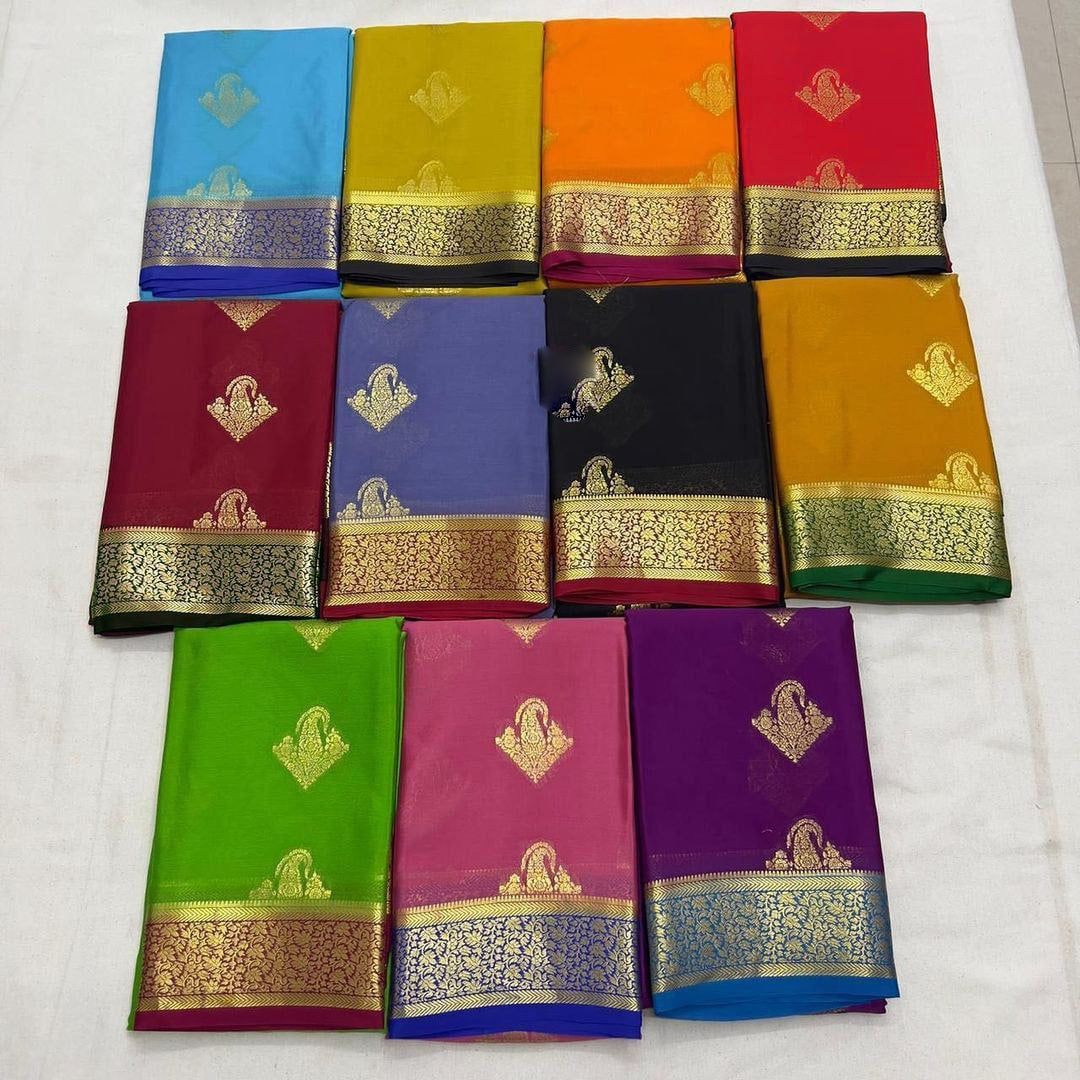 Pure crepe mysore silk by Icultuers With beautiful Zari weaving motifs
