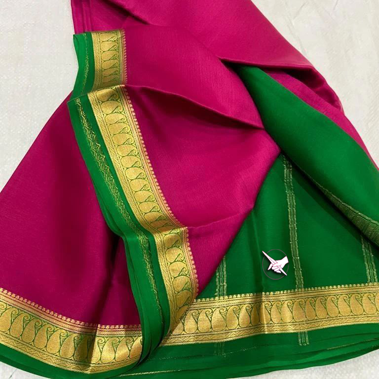Exclusive  Zari Border Pink  nd Green Colour Plain Mysore Silk by Icultuer