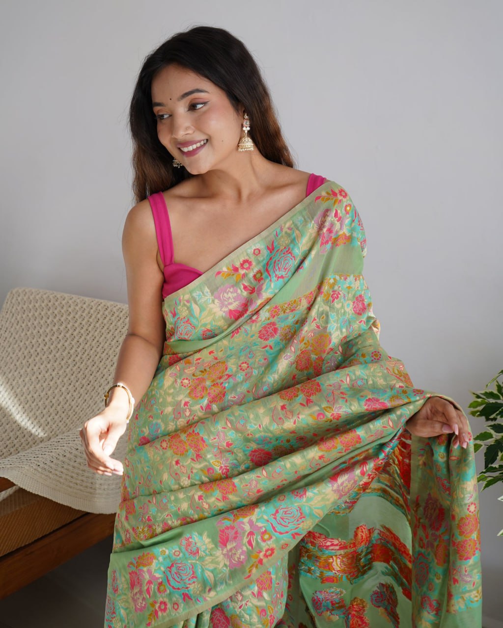 Charming Pista Banarasi Soft Silk Saree