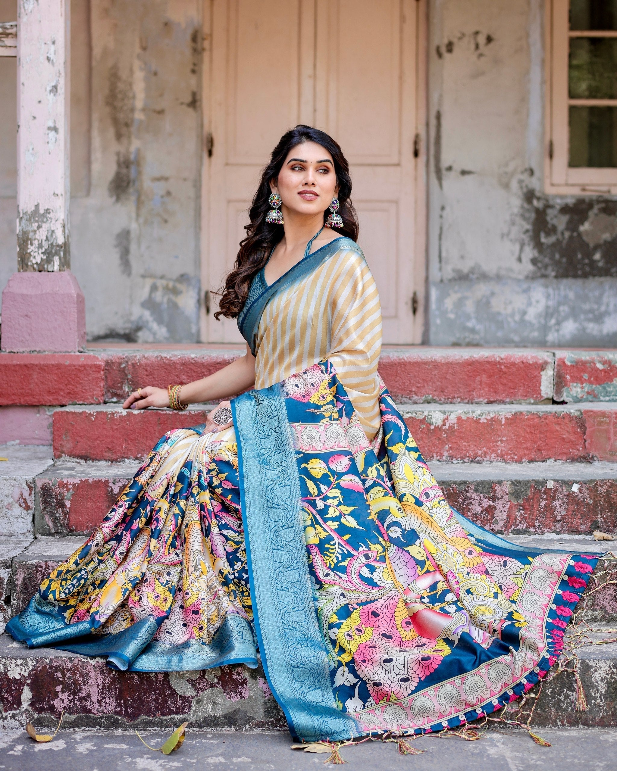 White With Sky Blue Floral Printed Cotton Silk Saree