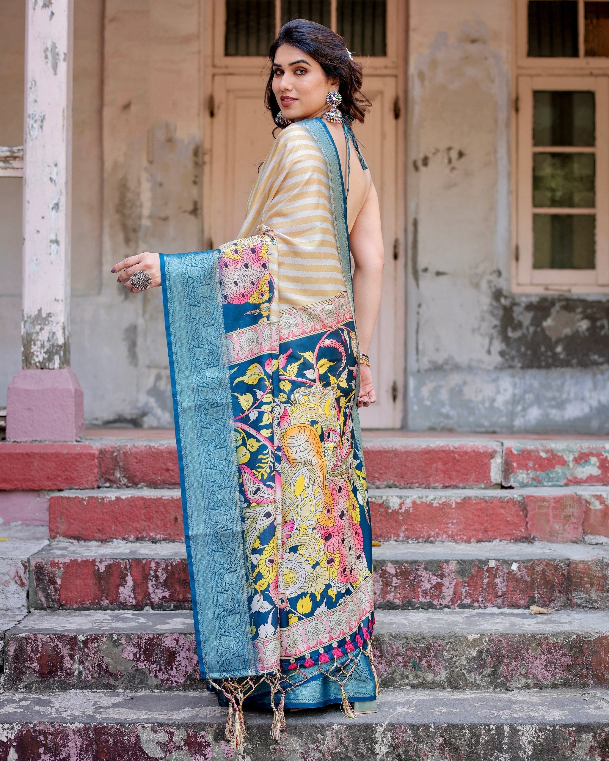 White With Sky Blue Floral Printed Cotton Silk Saree