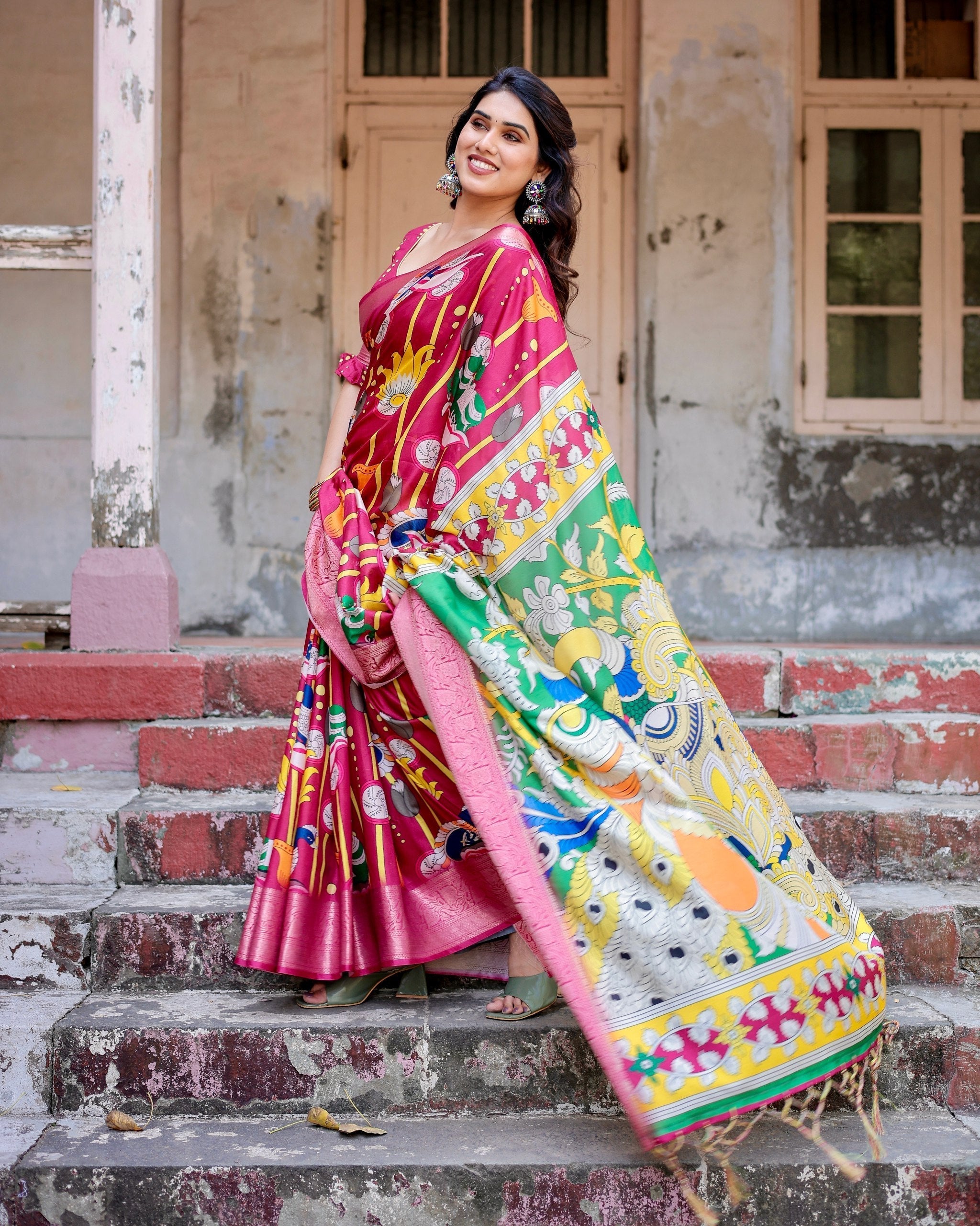 Dark Pink Floral Printed Cotton Silk Saree