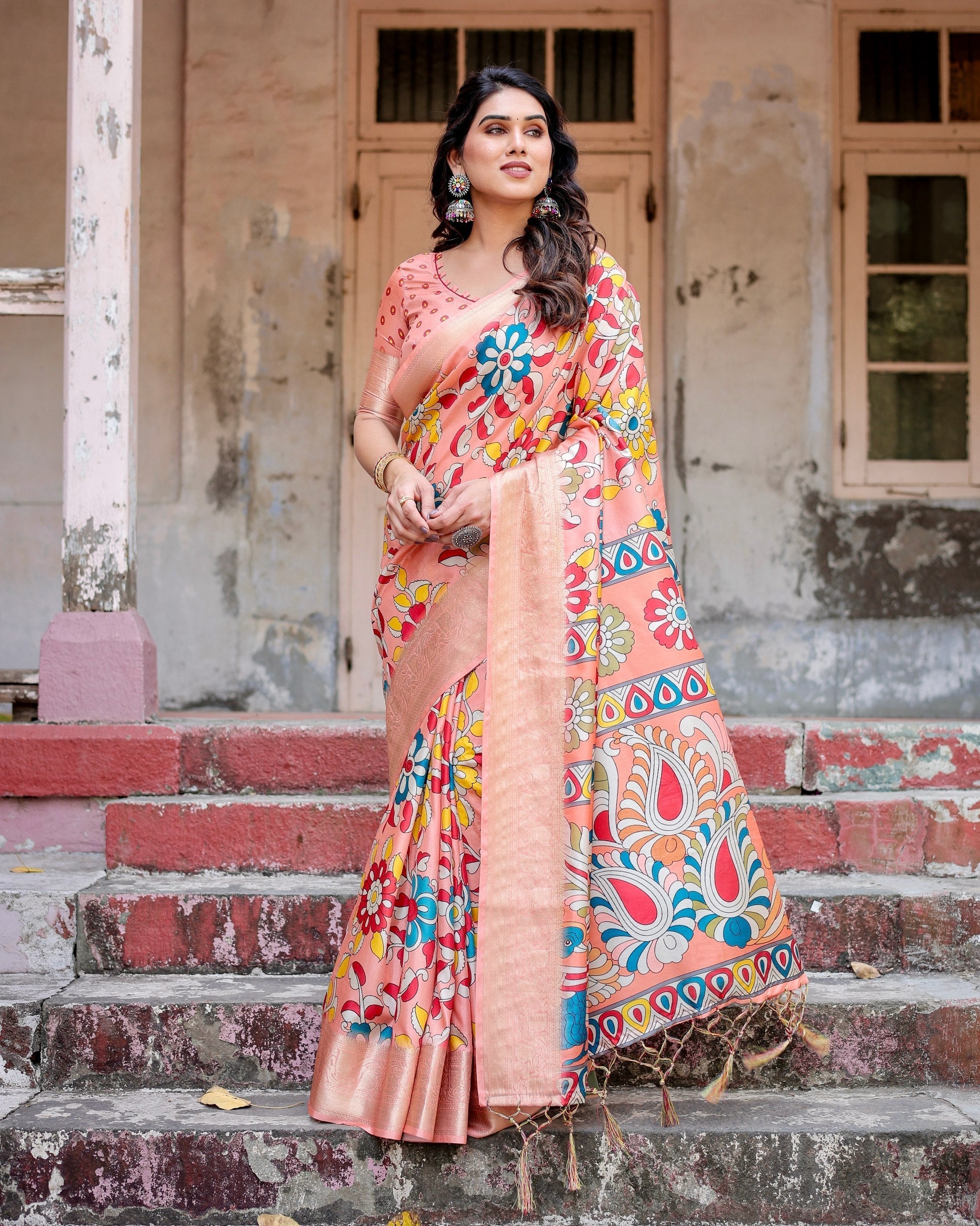 Orange Floral Printed Cotton Silk Saree