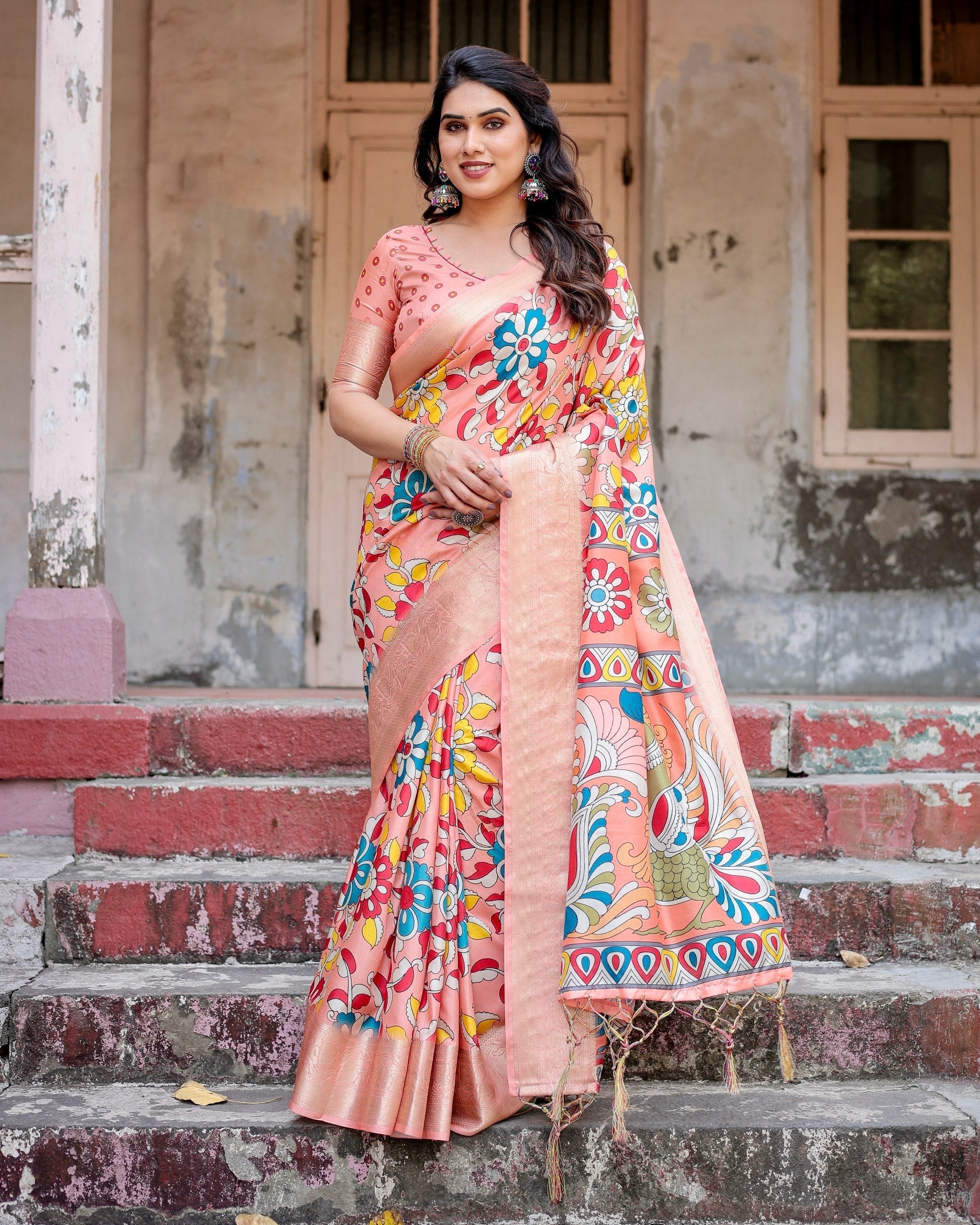 Orange Floral Printed Cotton Silk Saree