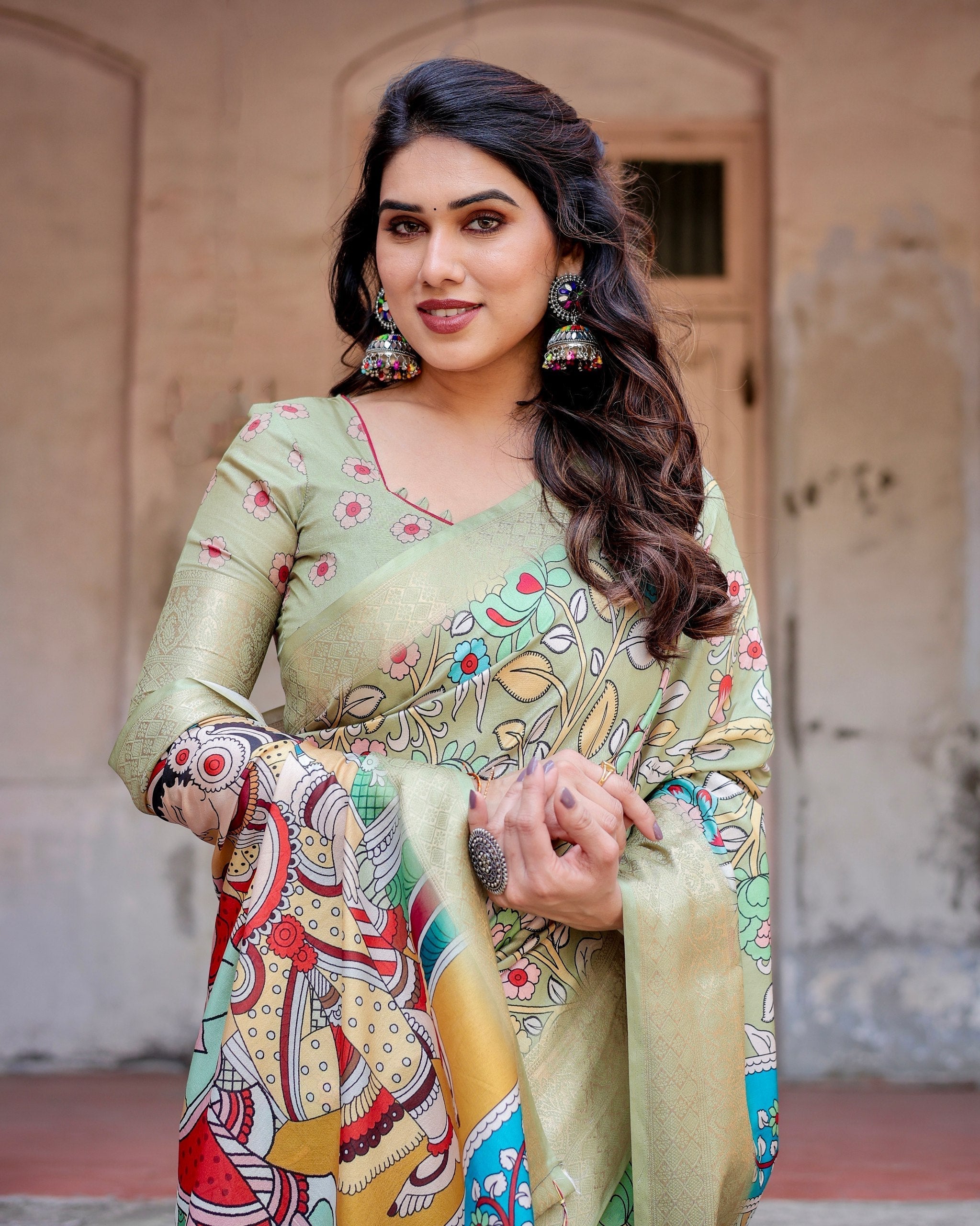 Light Green Floral Printed Cotton Silk Saree