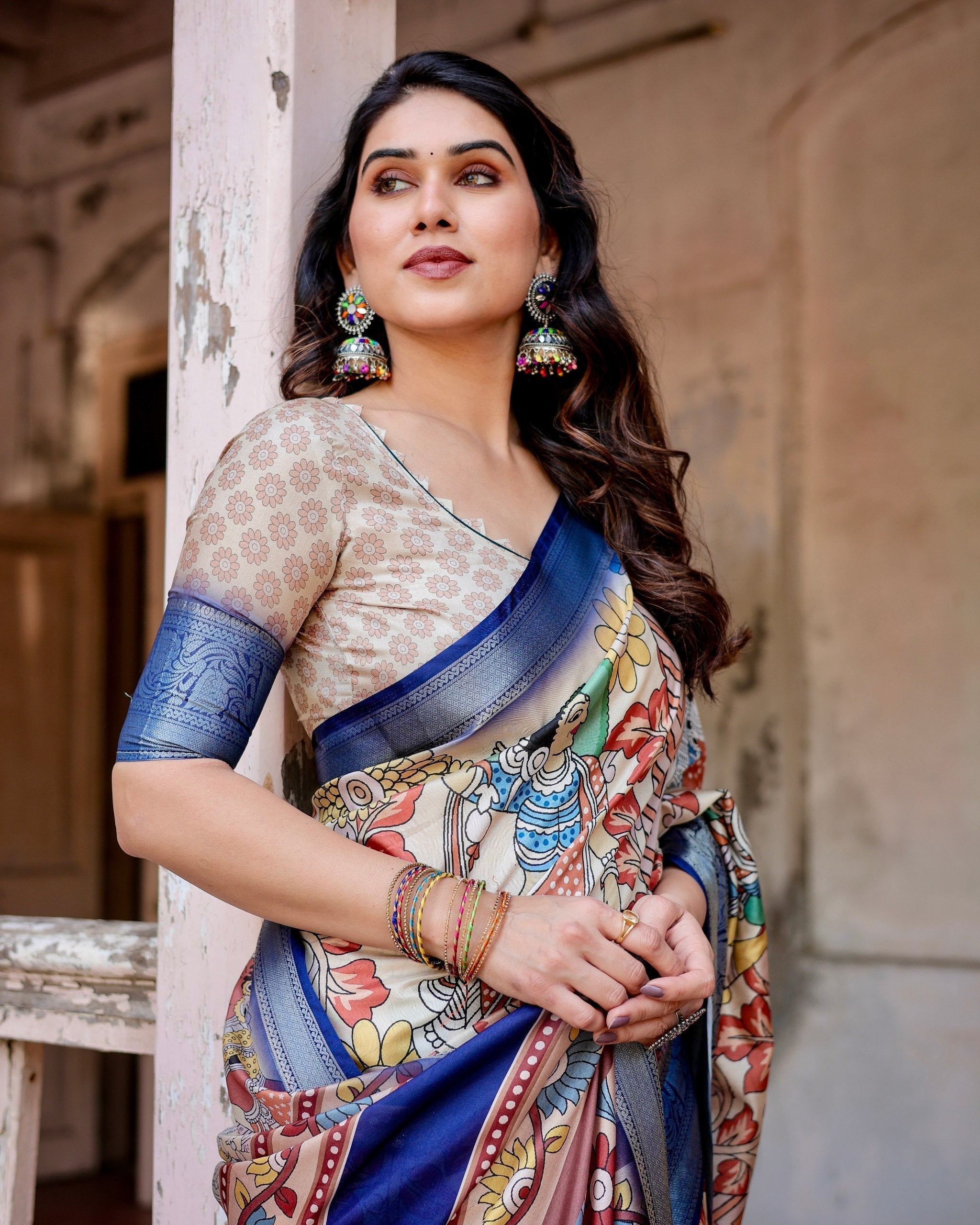 Cream With Blue  Floral Printed Cotton Silk Saree