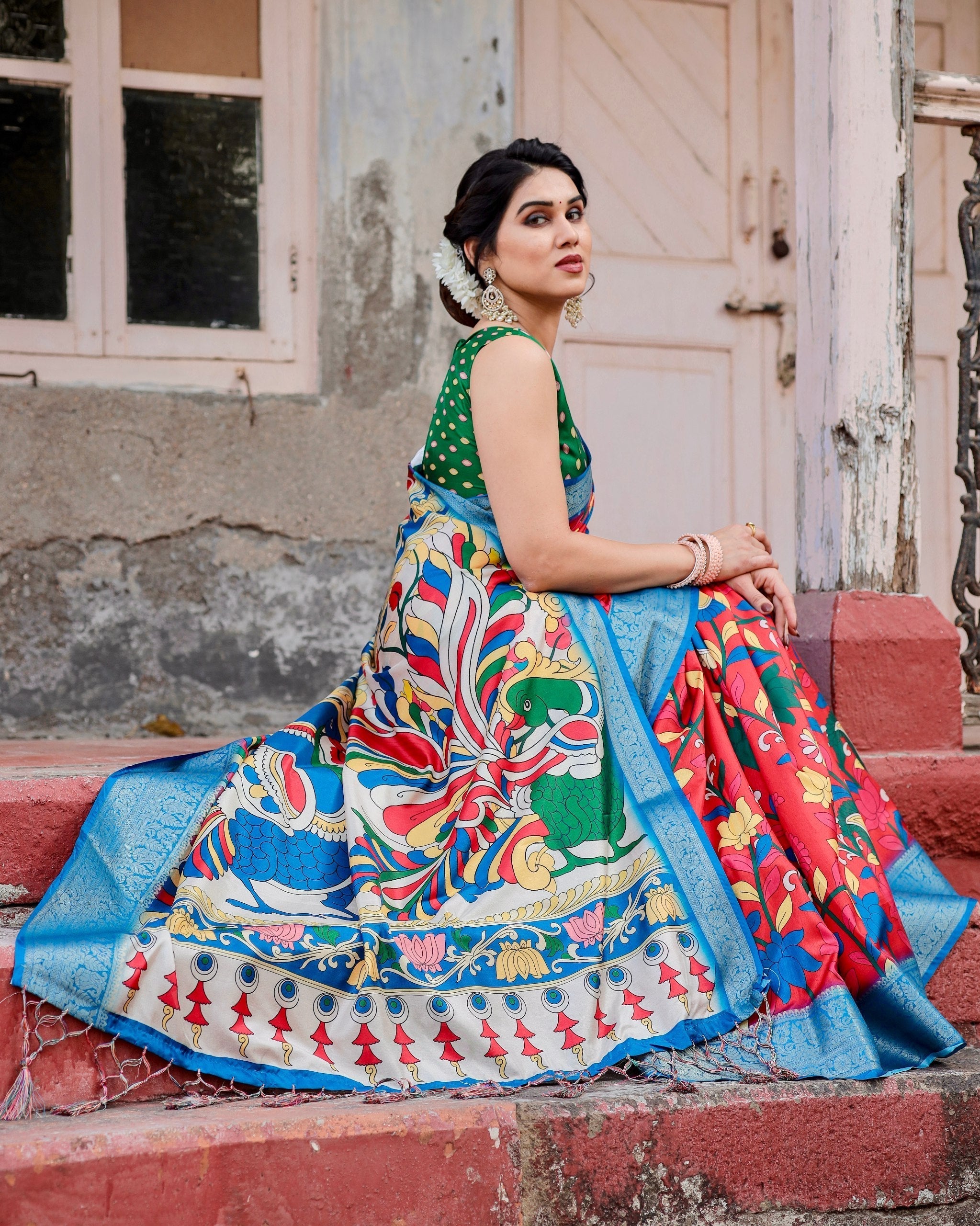 Red With Sky Blue Floral Printed Cotton Silk Saree