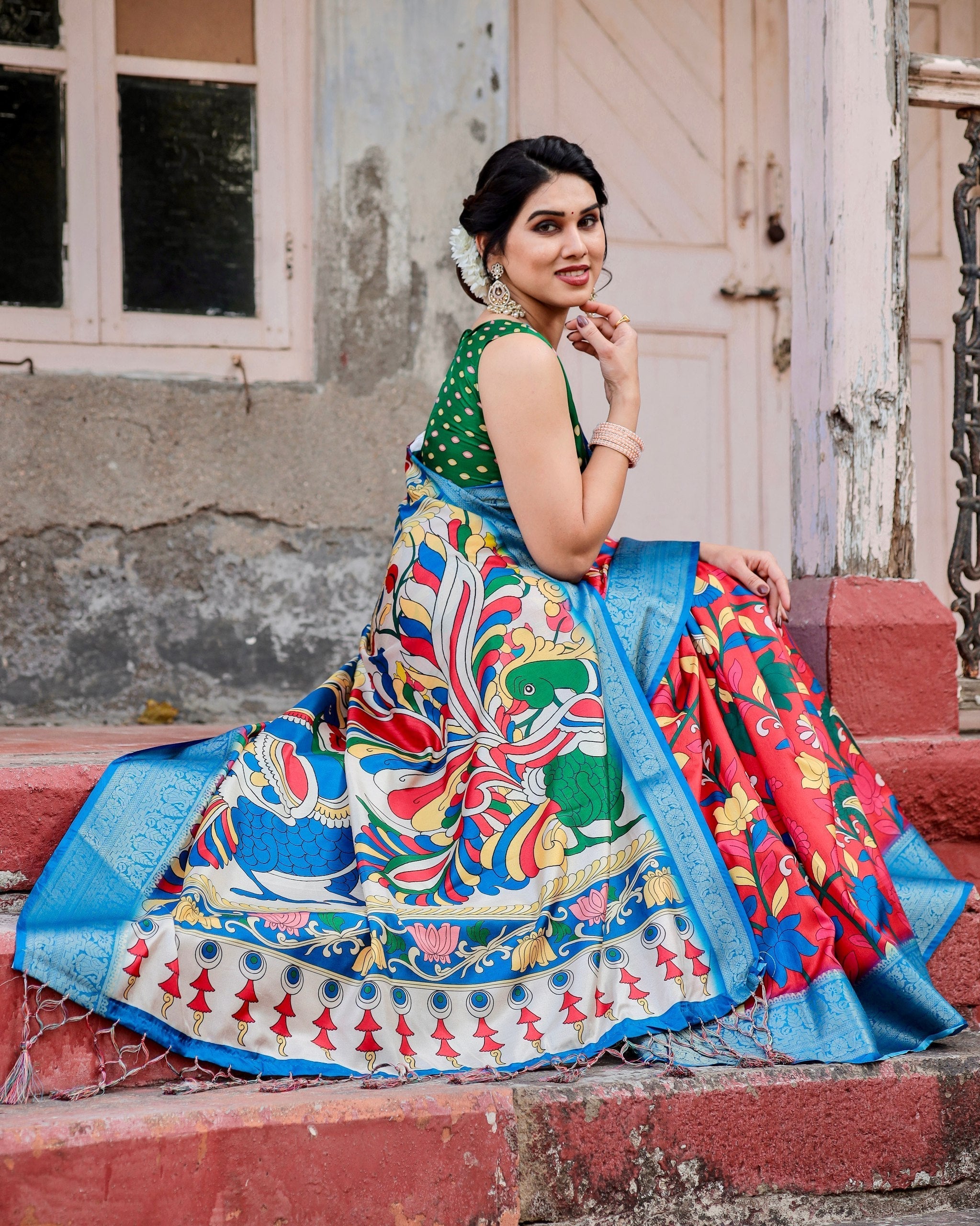 Red With Sky Blue Floral Printed Cotton Silk Saree