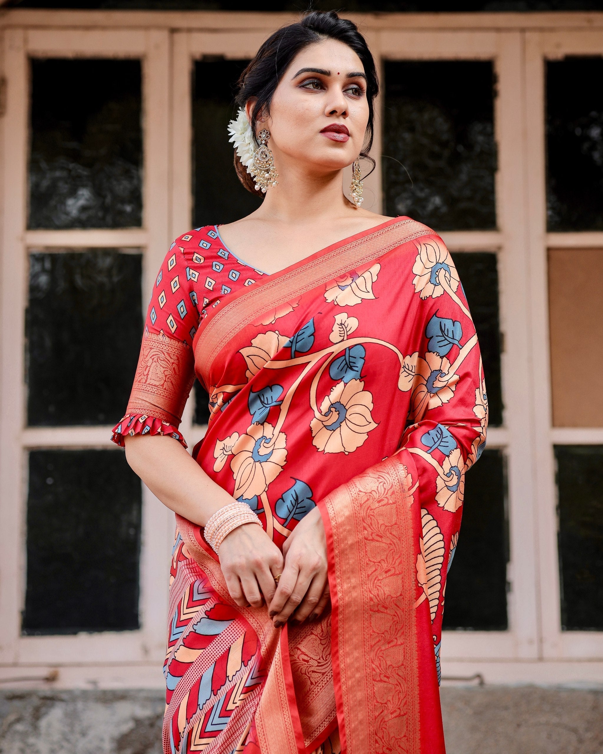 Red Flower Floral Printed Cotton Silk Saree
