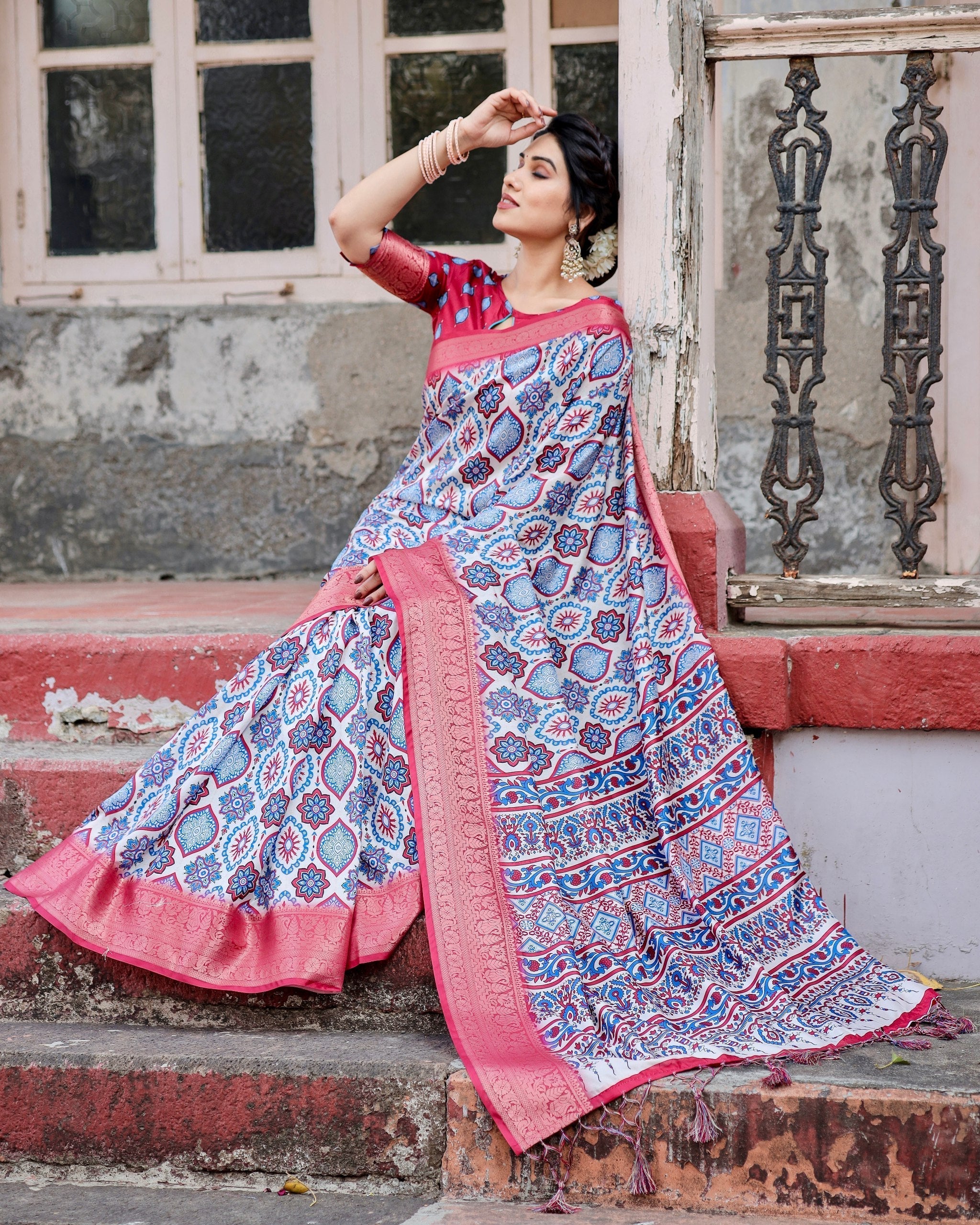 Grey Floral Printed Cotton Silk Saree