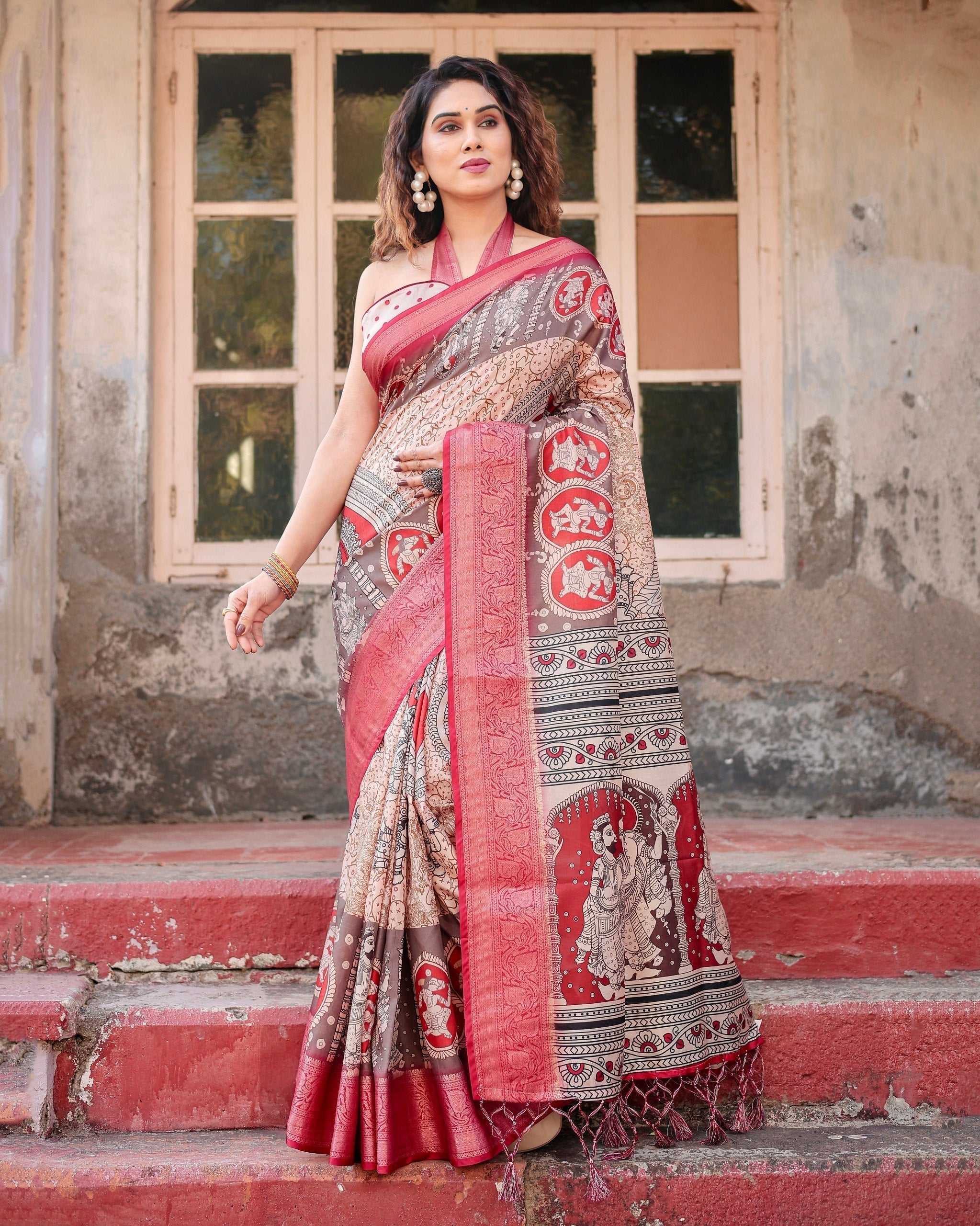 Peach & pink Floral Printed Cotton Silk Saree