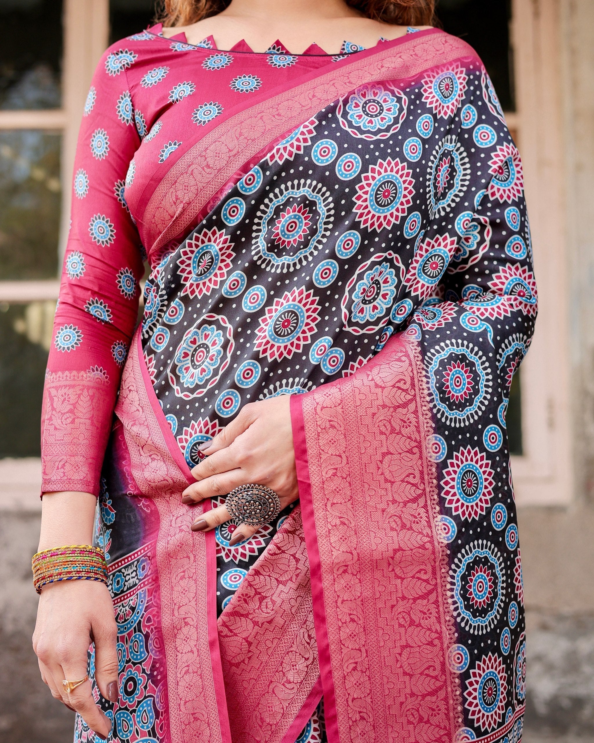 Black & Pink Floral Printed Cotton Silk Saree