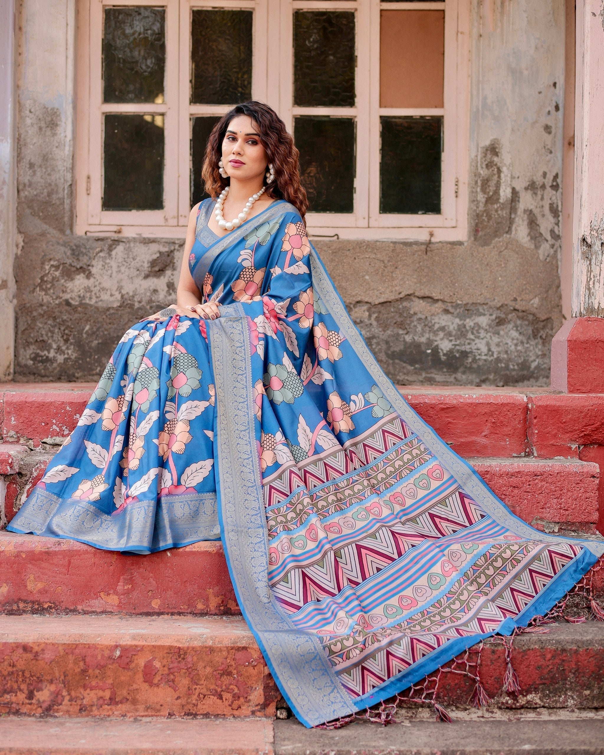 Sky Blue Flower Floral Printed Cotton Silk Saree