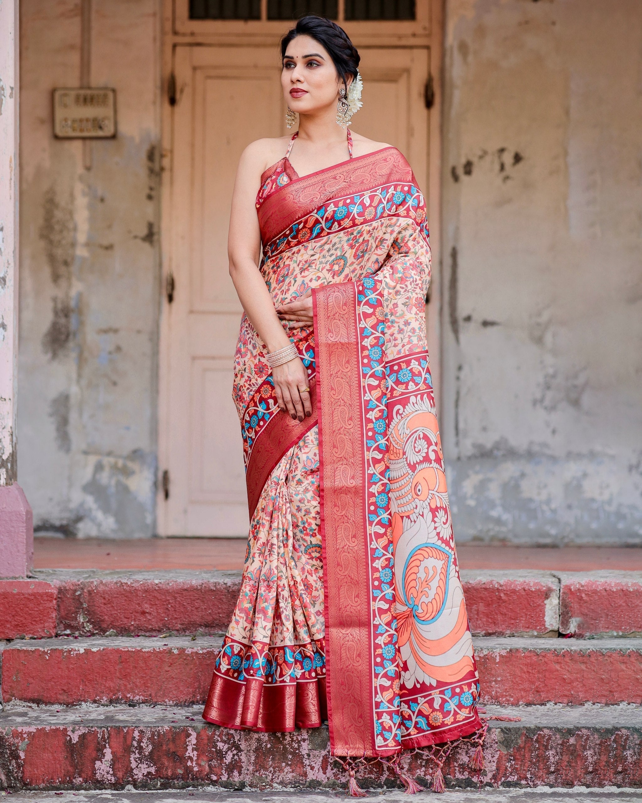 Peach & icultural Floral Printed Cotton Silk Saree