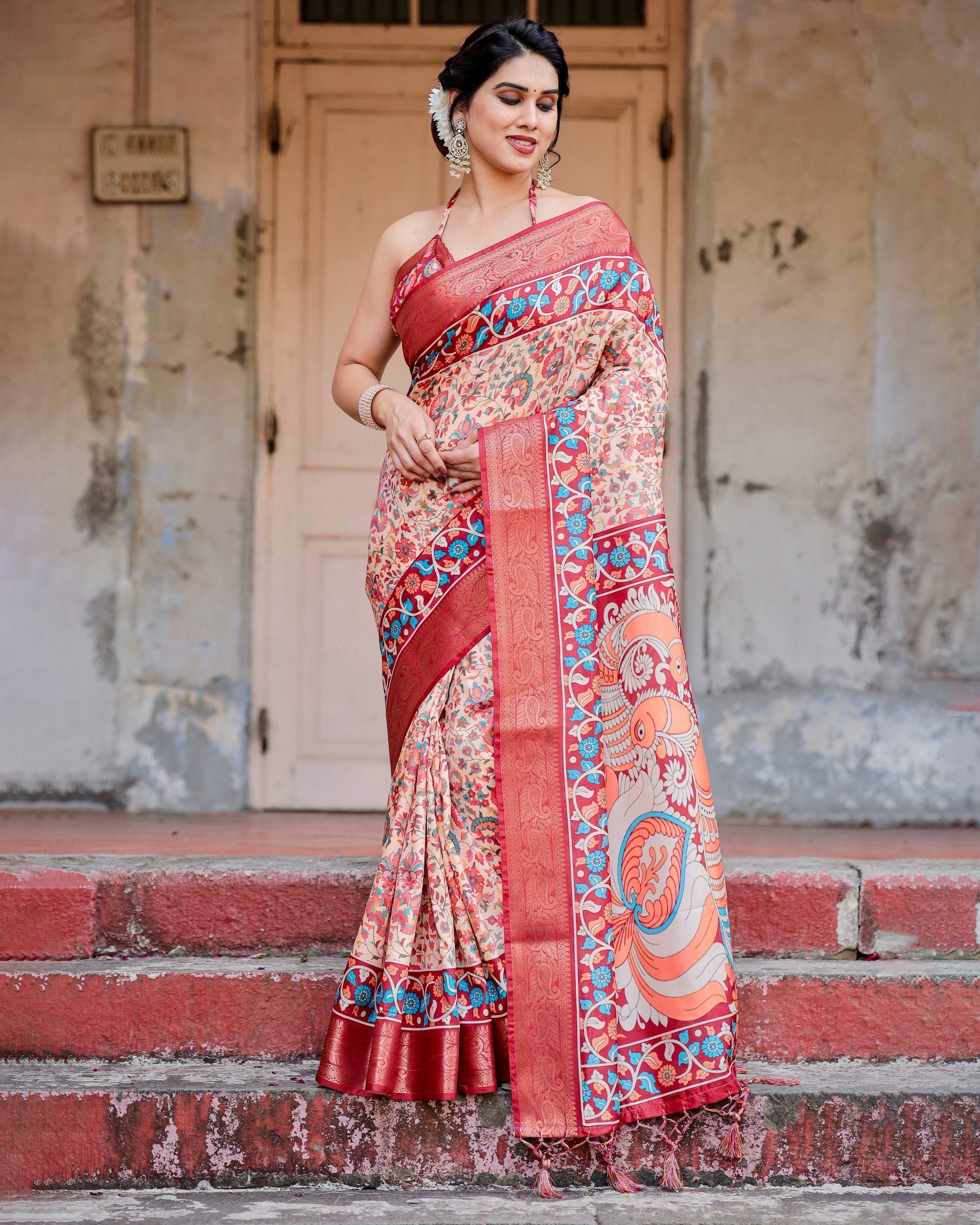 Peach & icultural Floral Printed Cotton Silk Saree
