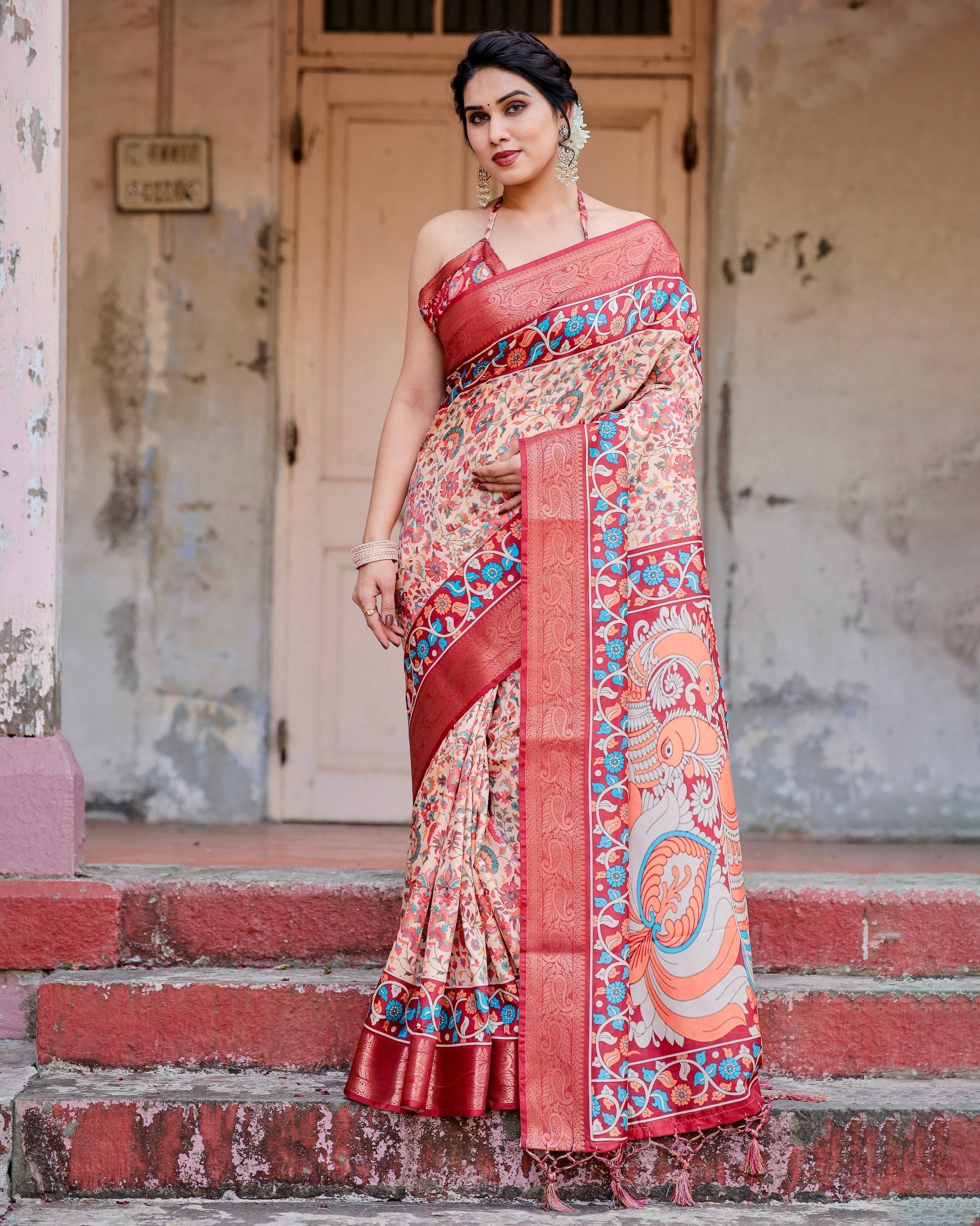 Peach & icultural Floral Printed Cotton Silk Saree