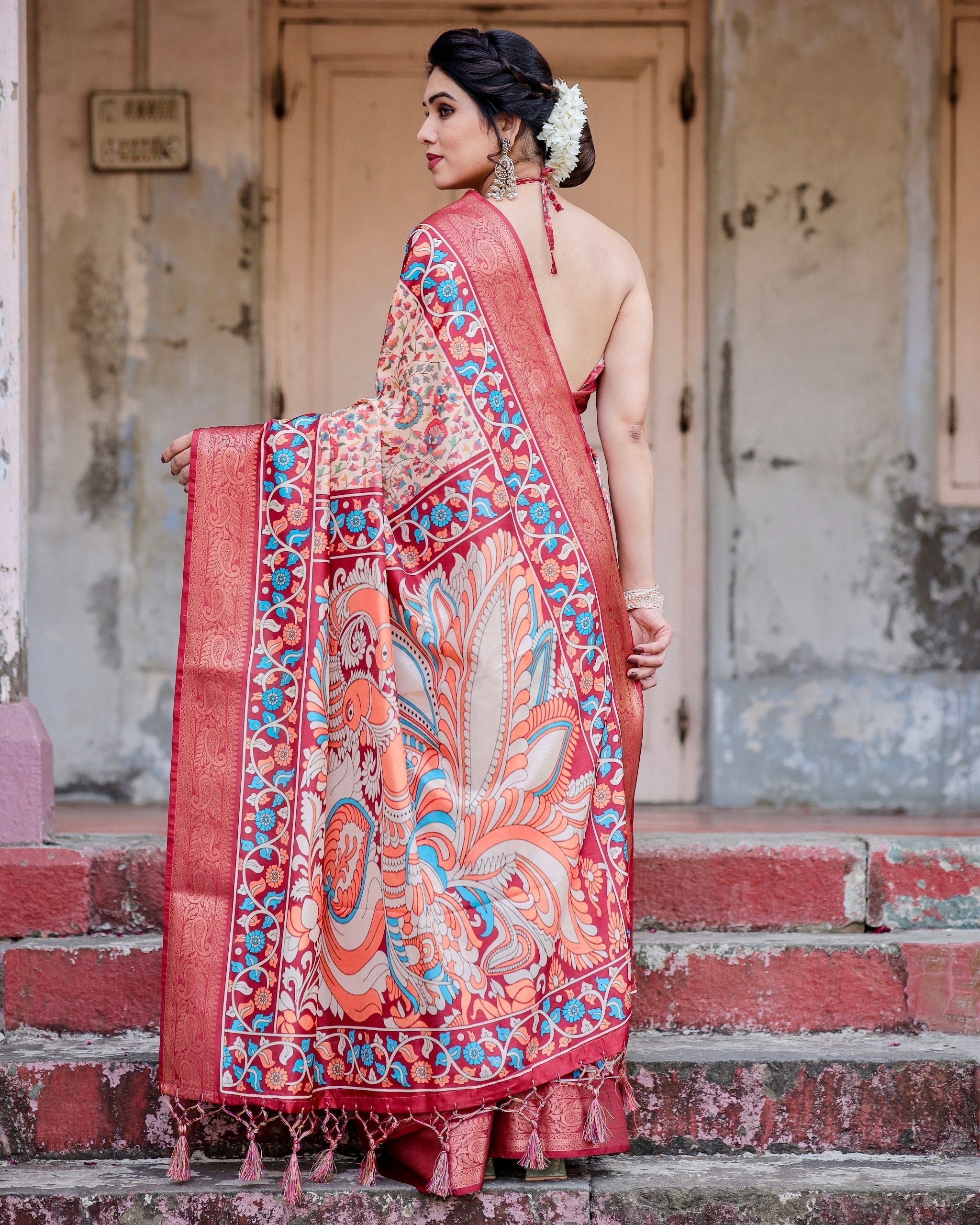 Peach & icultural Floral Printed Cotton Silk Saree