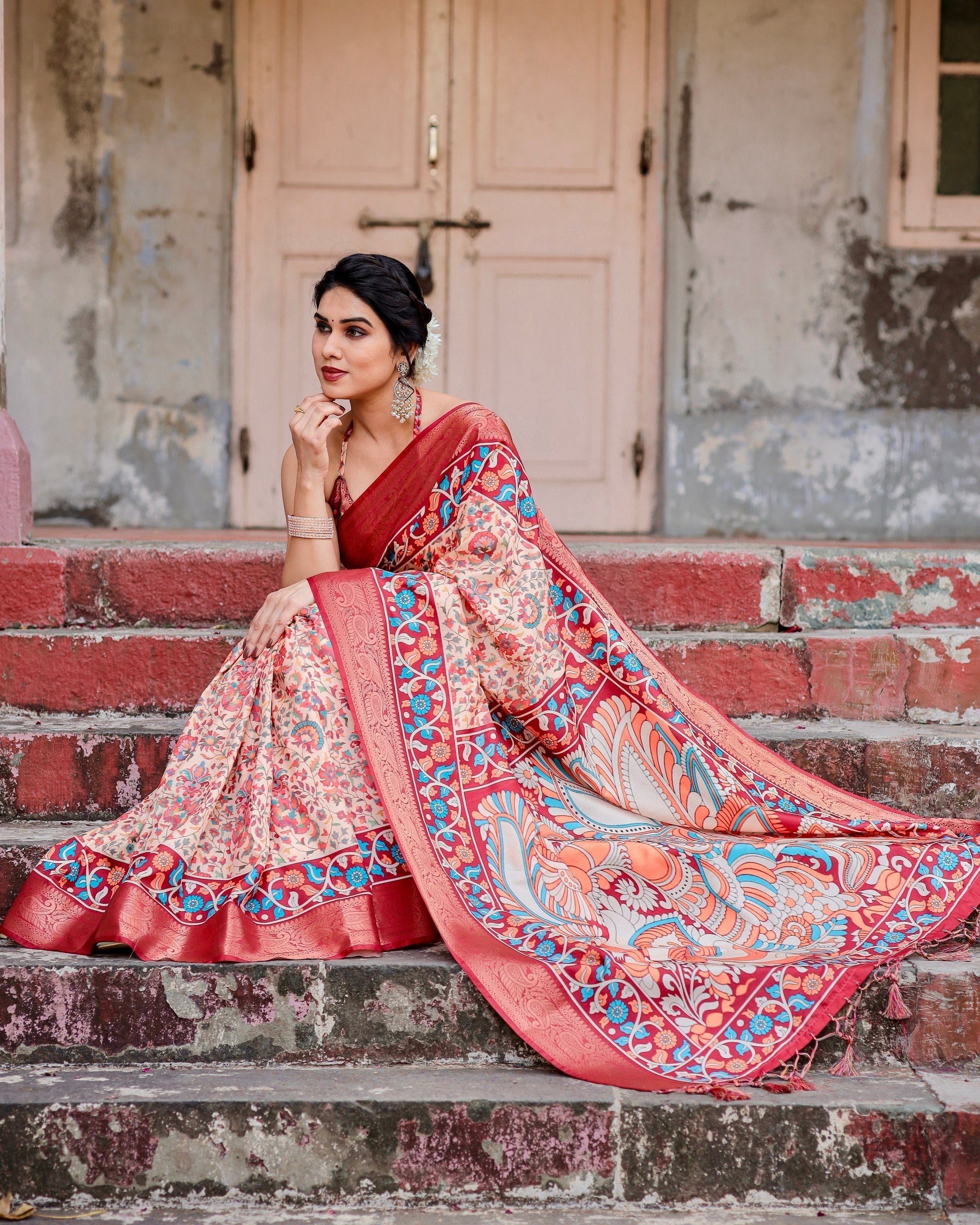 Peach & icultural Floral Printed Cotton Silk Saree