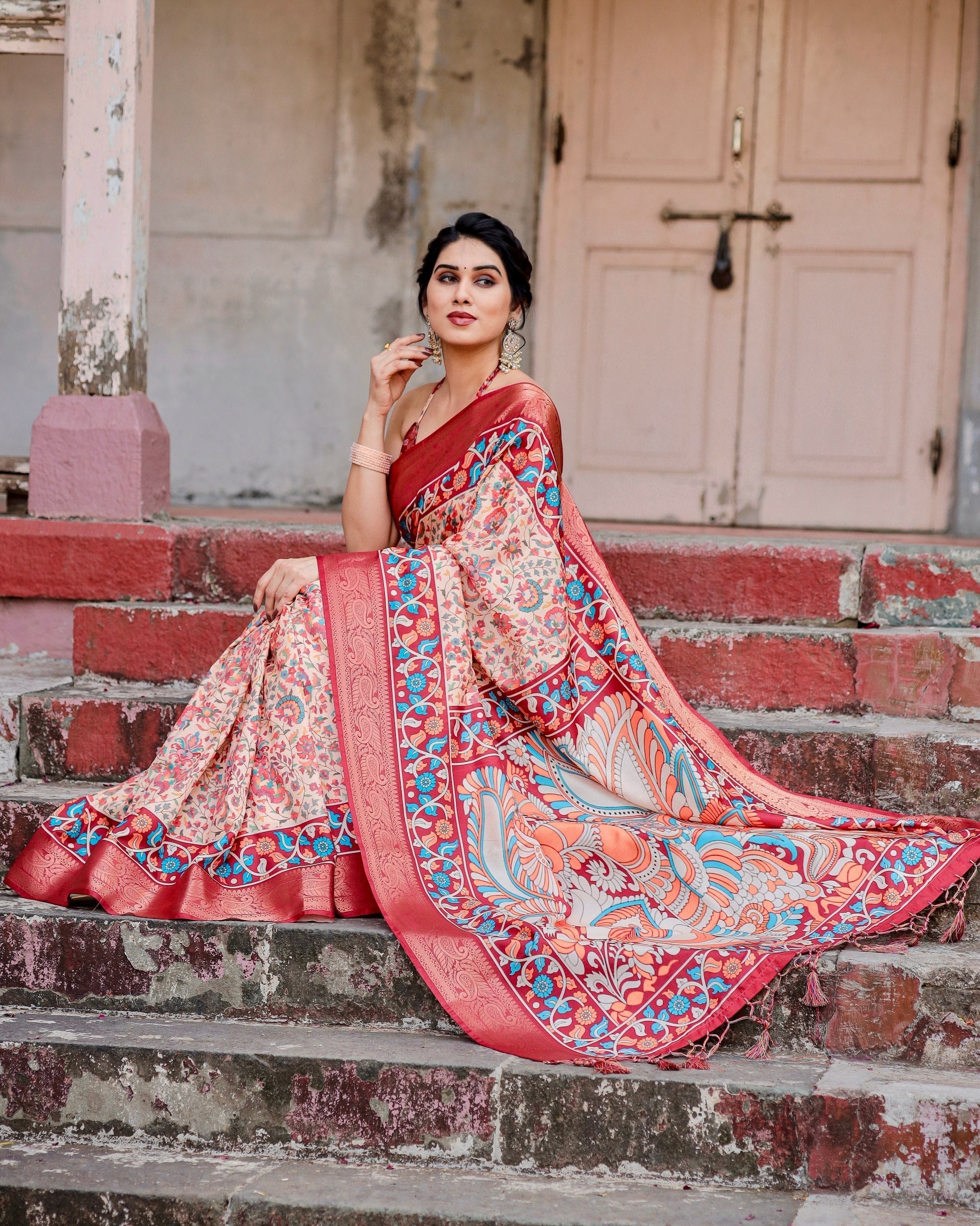 Peach & icultural Floral Printed Cotton Silk Saree