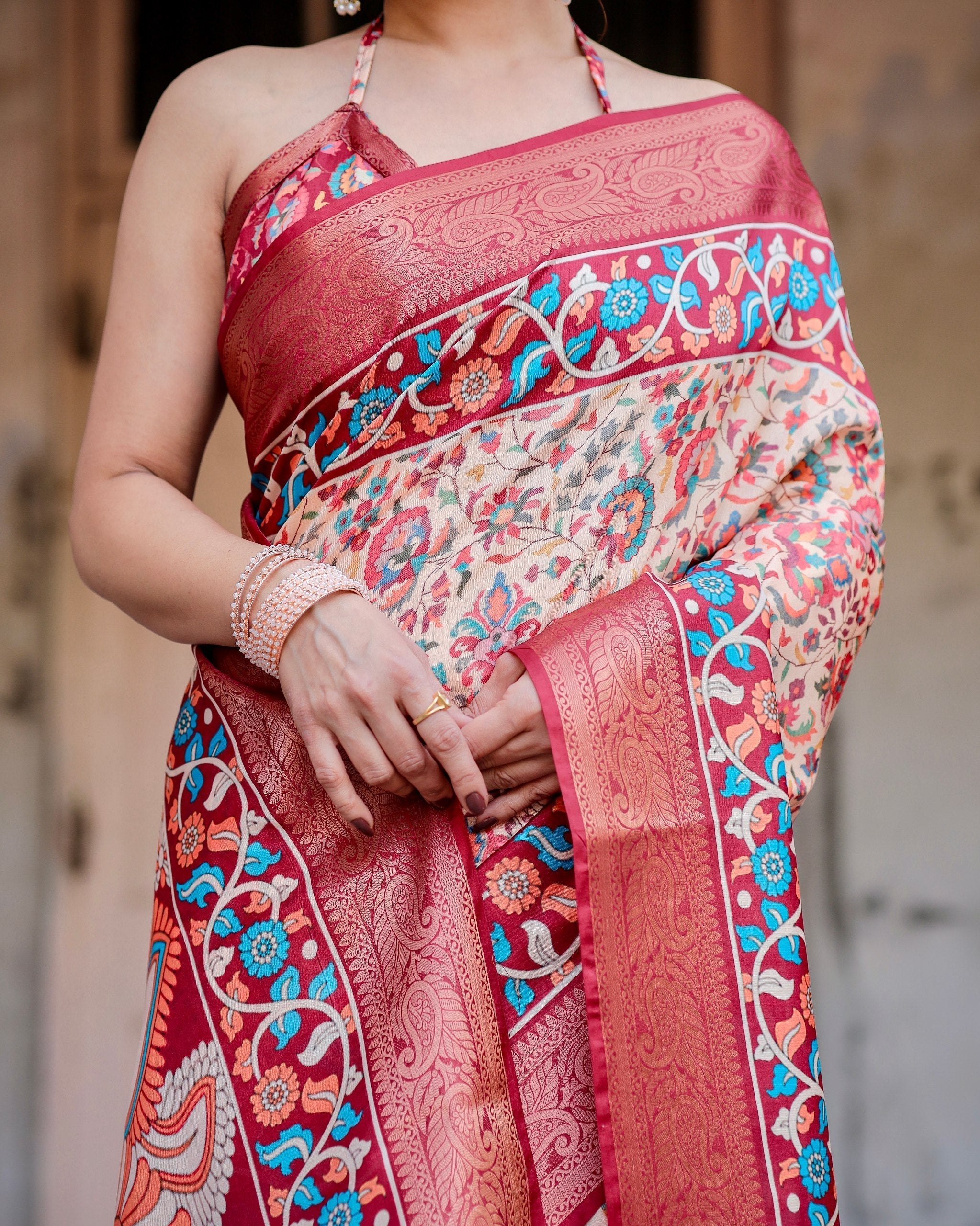 Peach & icultural Floral Printed Cotton Silk Saree