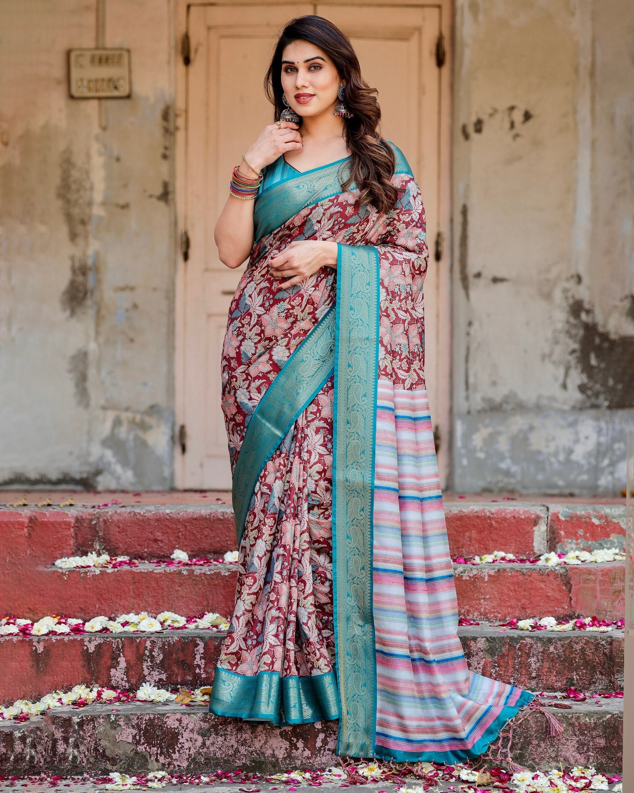 icultural & Green Floral Printed Cotton Silk Saree