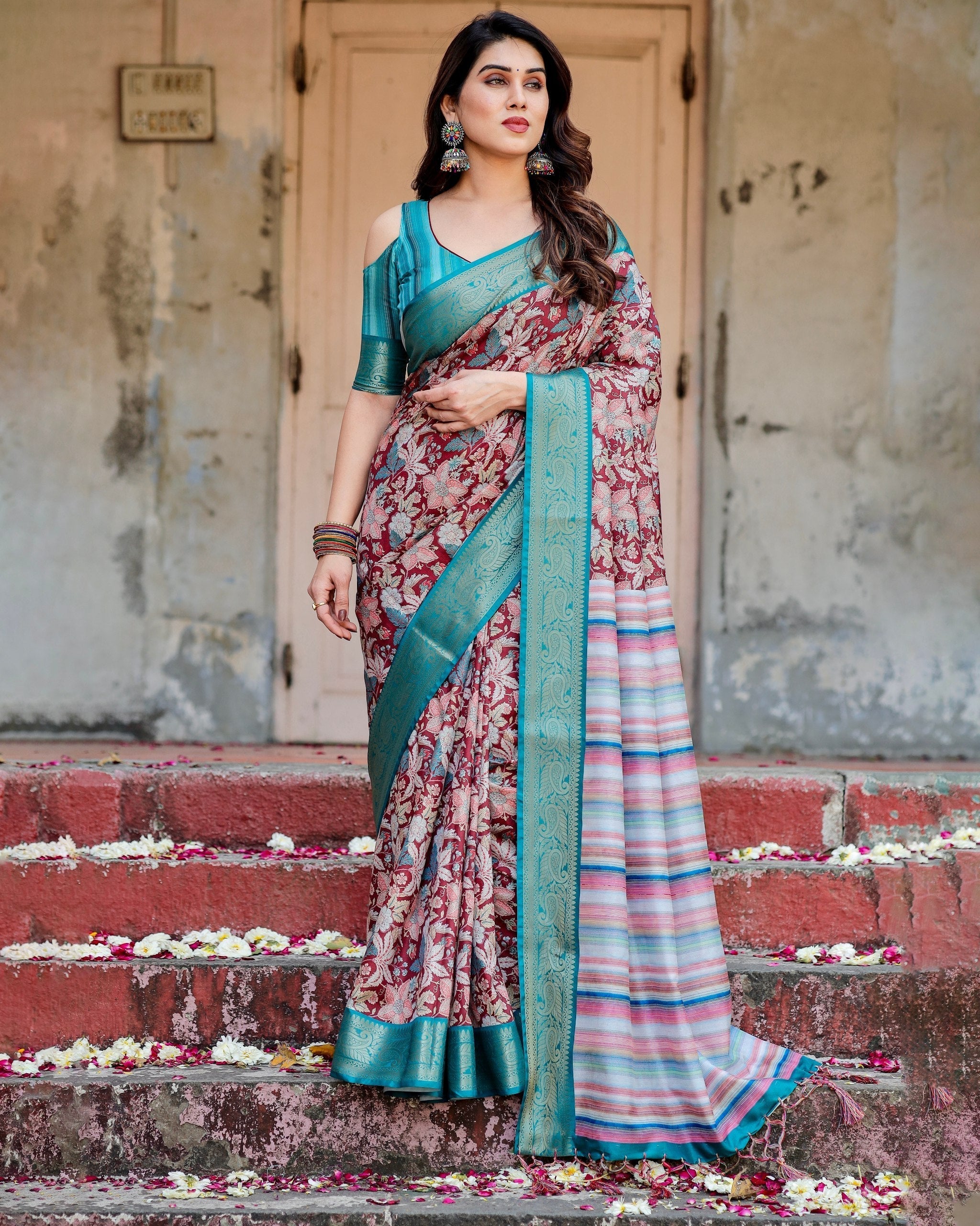 icultural & Green Floral Printed Cotton Silk Saree