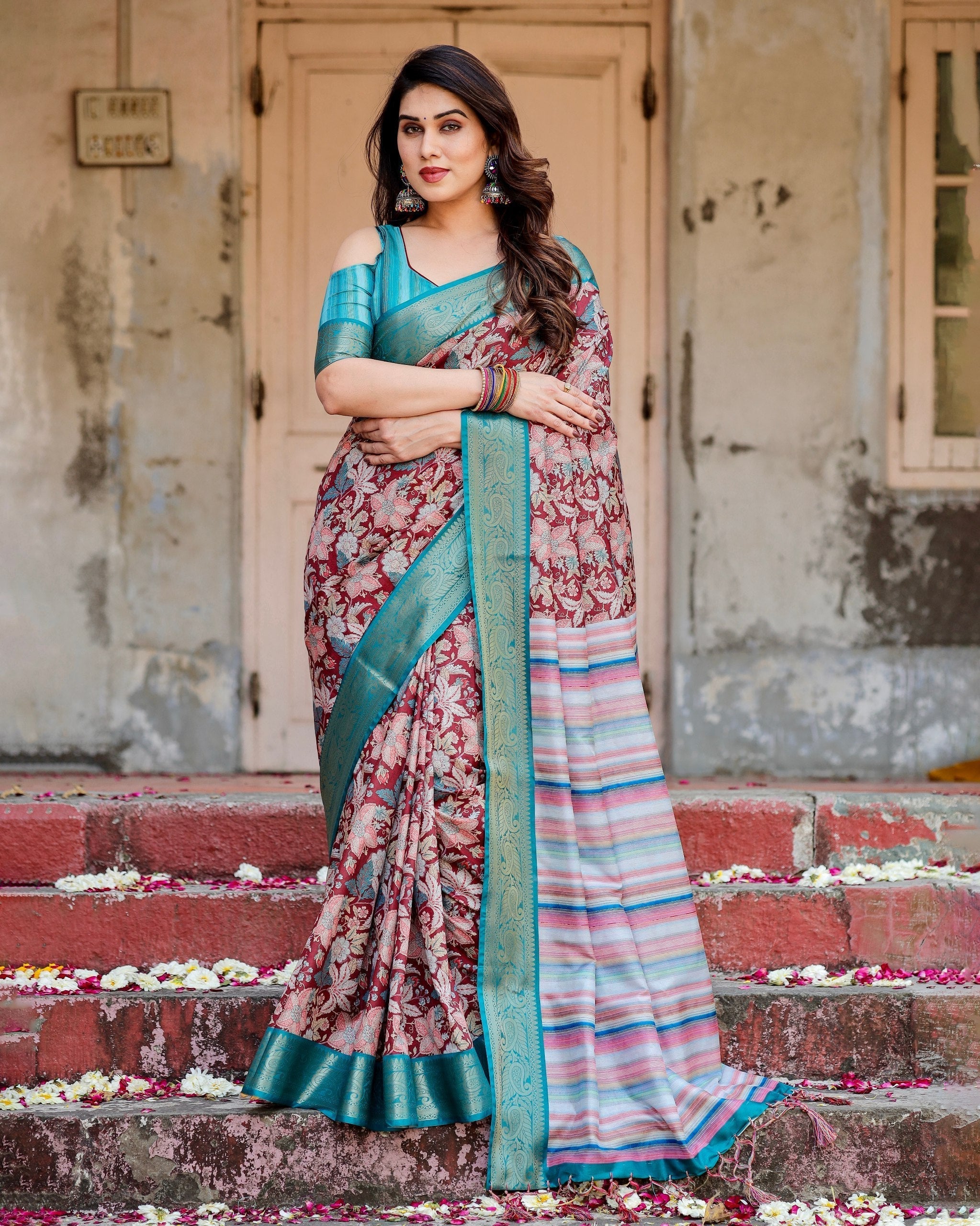 icultural & Green Floral Printed Cotton Silk Saree