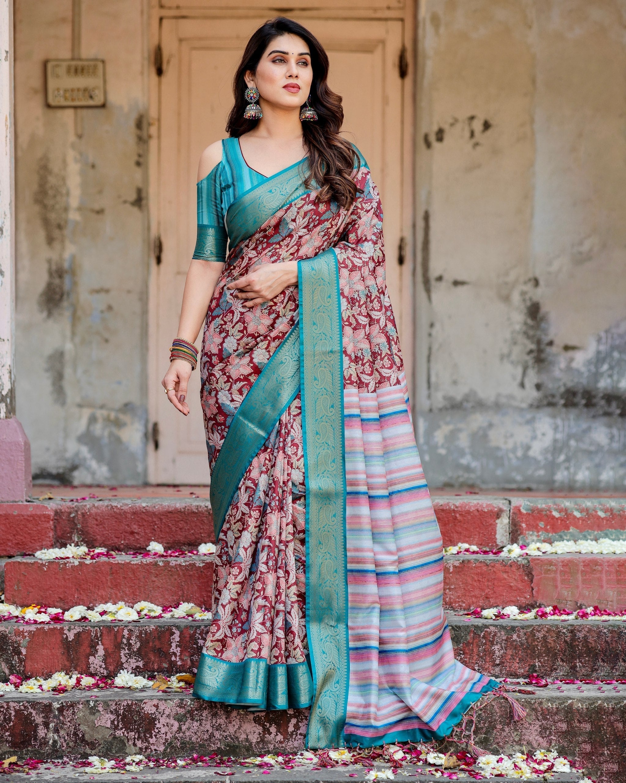 icultural & Green Floral Printed Cotton Silk Saree