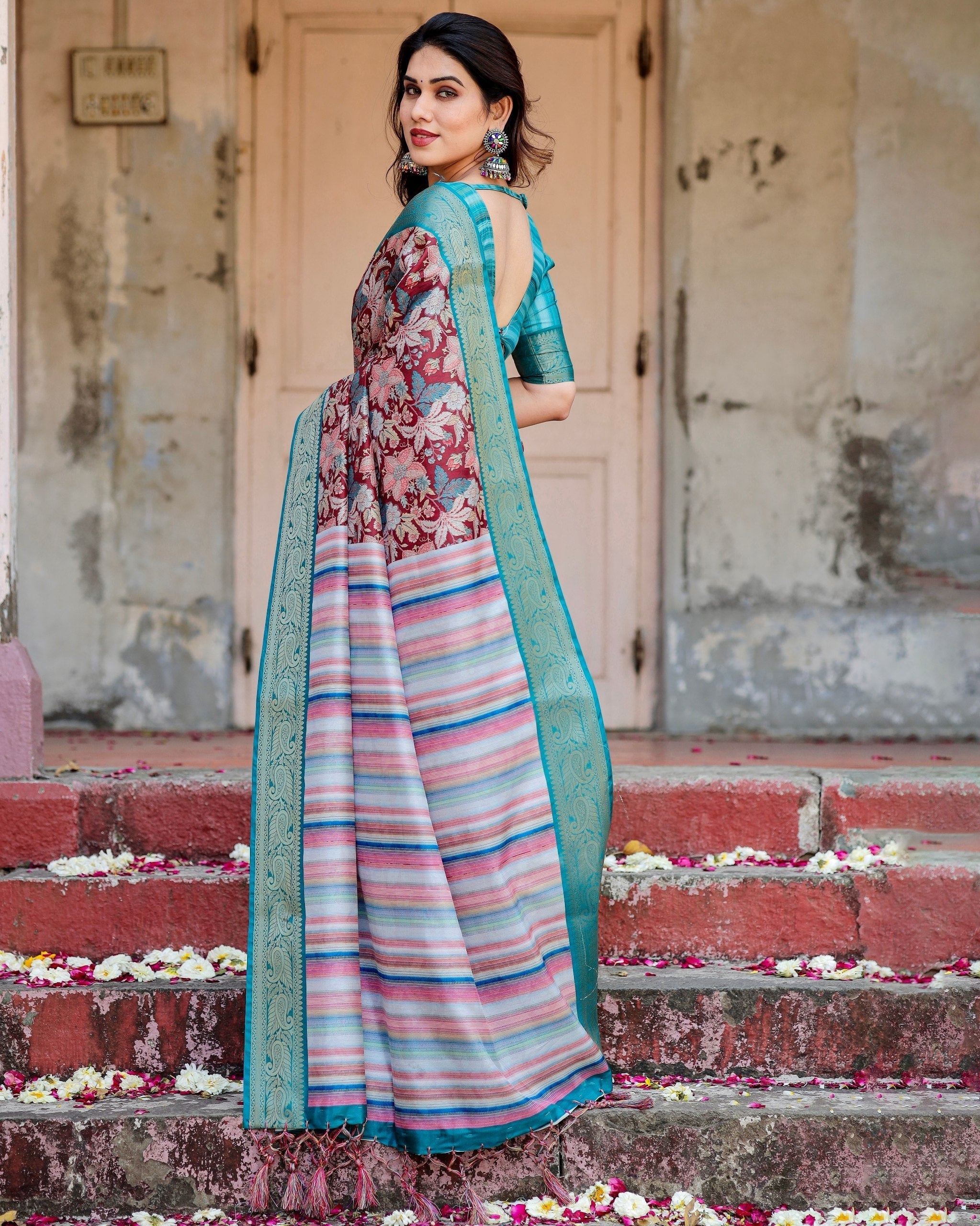 icultural & Green Floral Printed Cotton Silk Saree