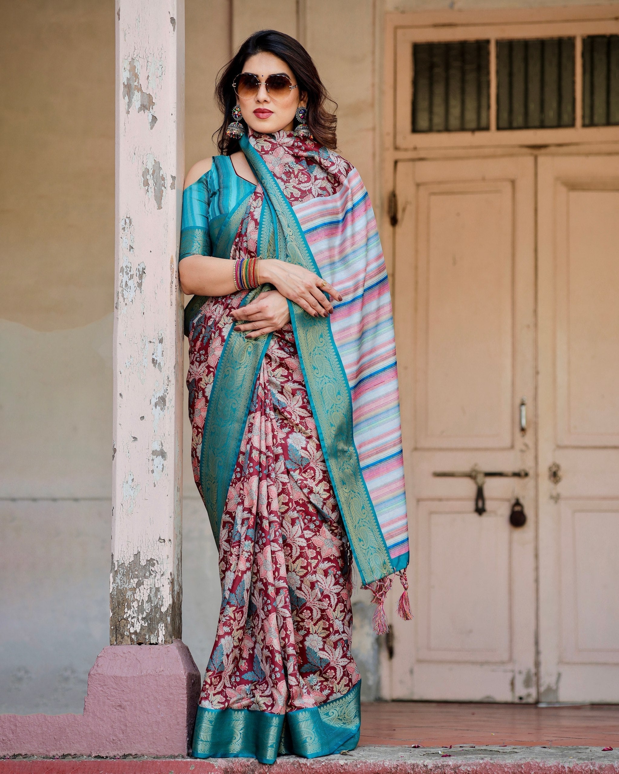 icultural & Green Floral Printed Cotton Silk Saree