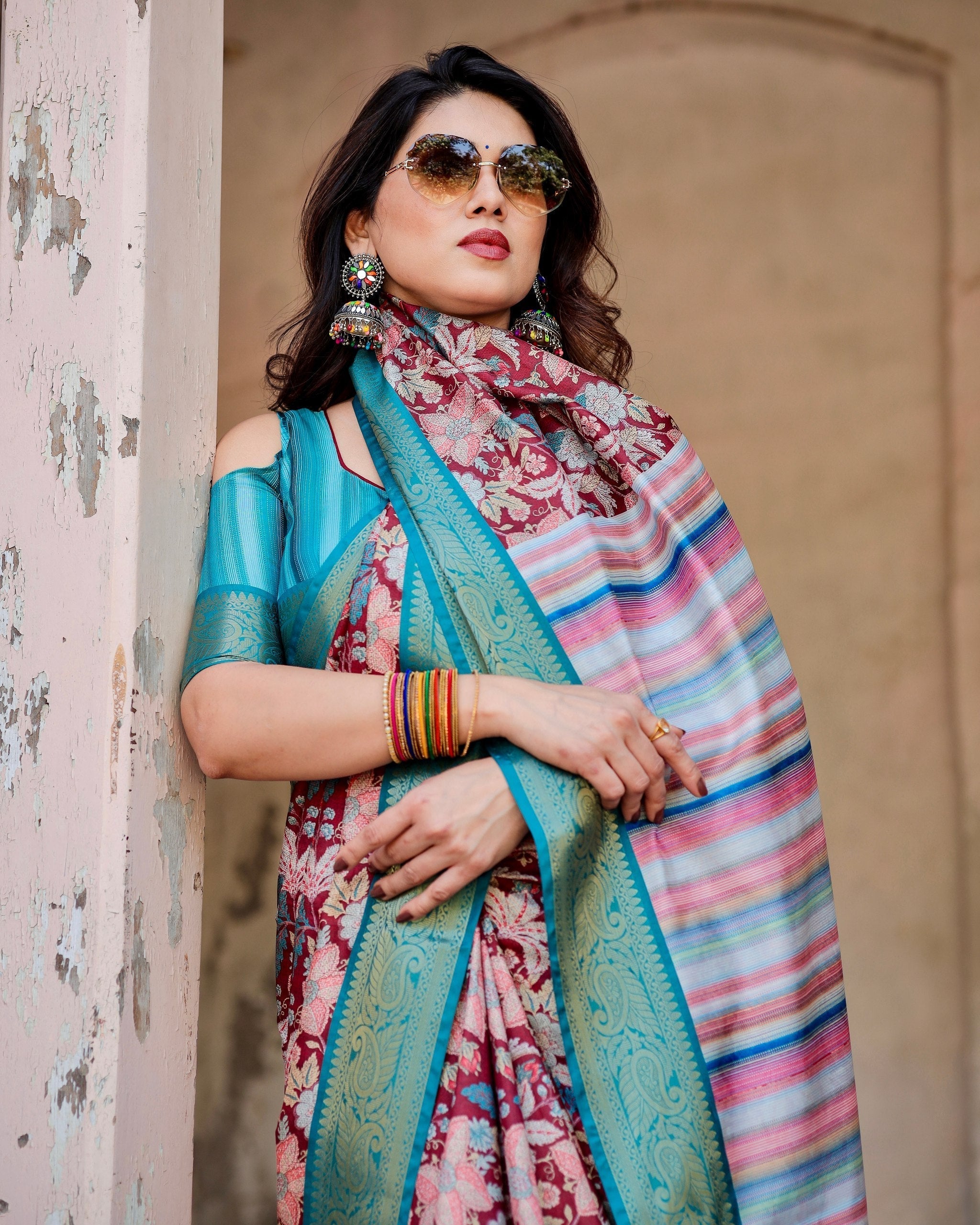 icultural & Green Floral Printed Cotton Silk Saree