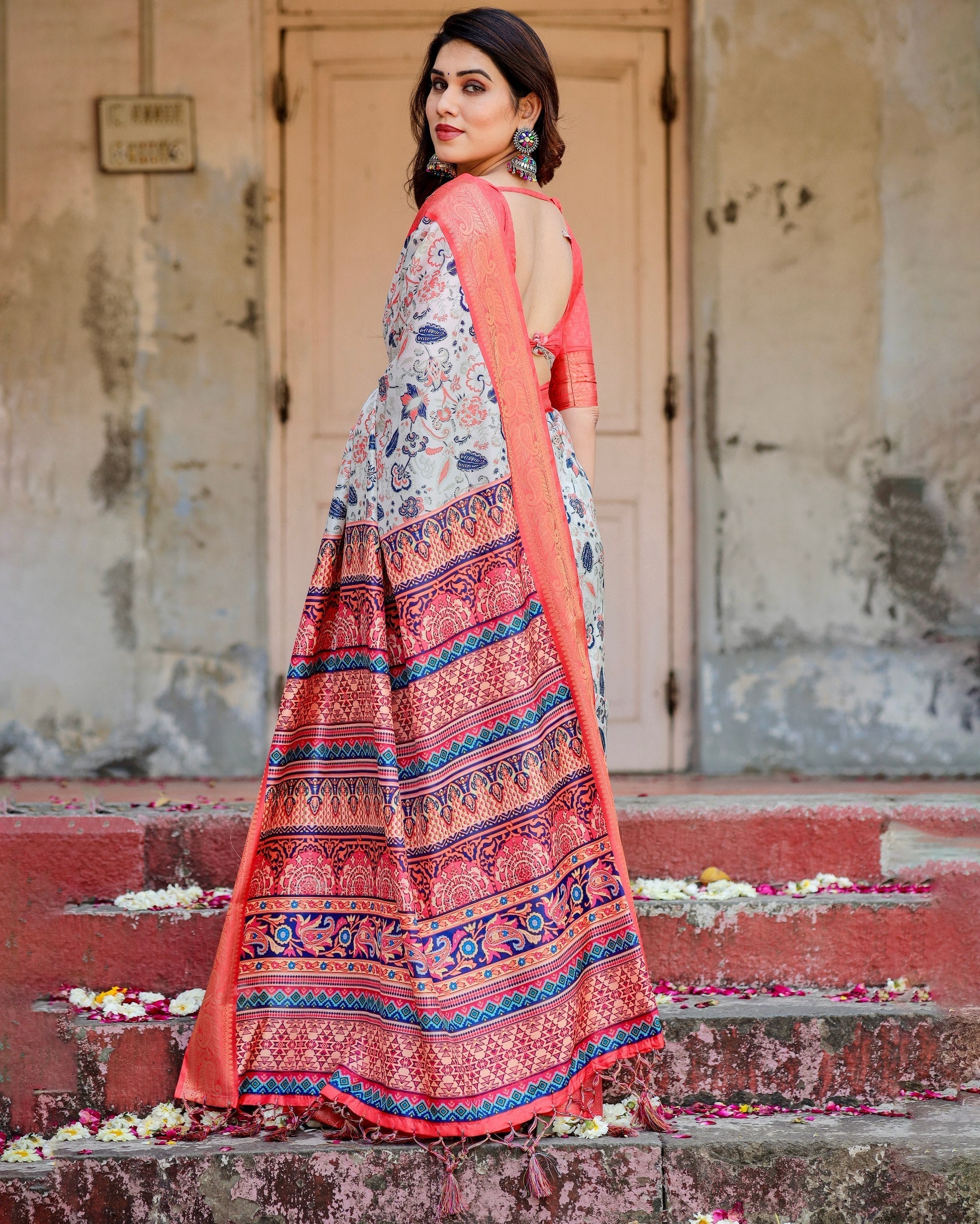 White & Light Pink Floral Printed Cotton Silk Saree