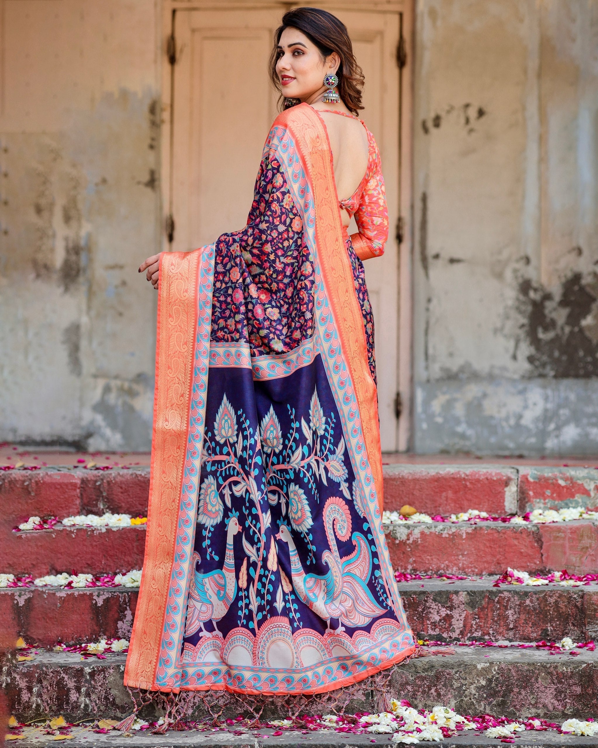 Royal Blue & Orange Floral Printed Cotton Silk Saree