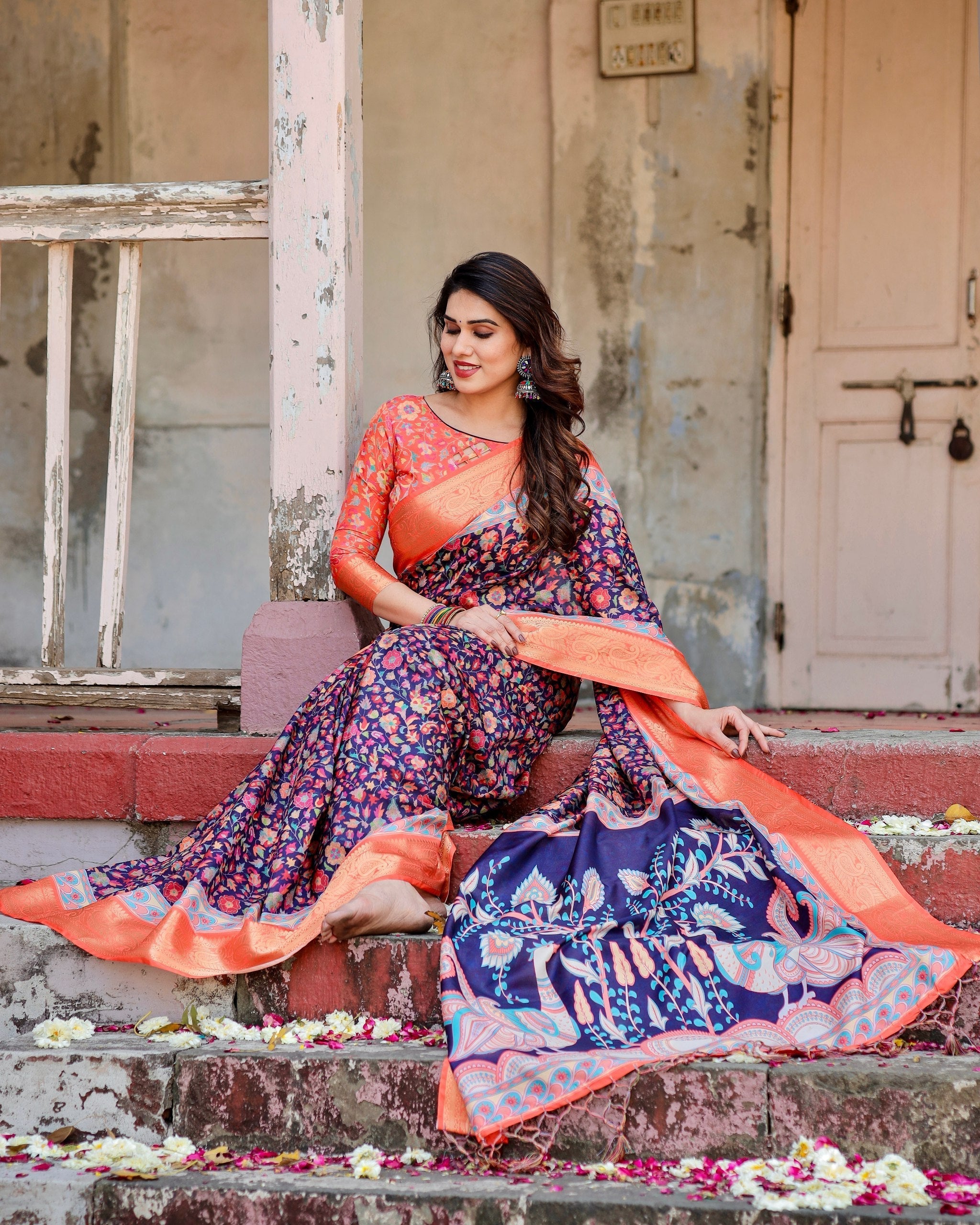 Royal Blue & Orange Floral Printed Cotton Silk Saree