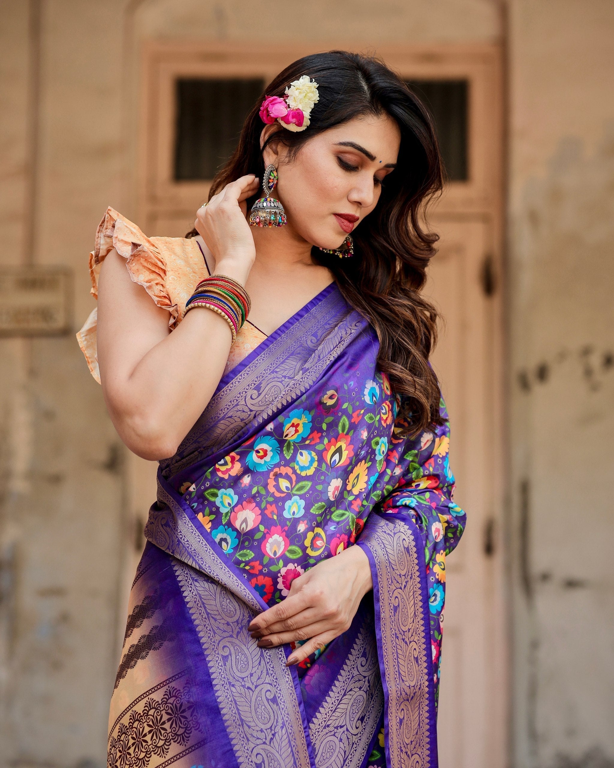 Royal Purple Floral Printed Cotton Silk Saree