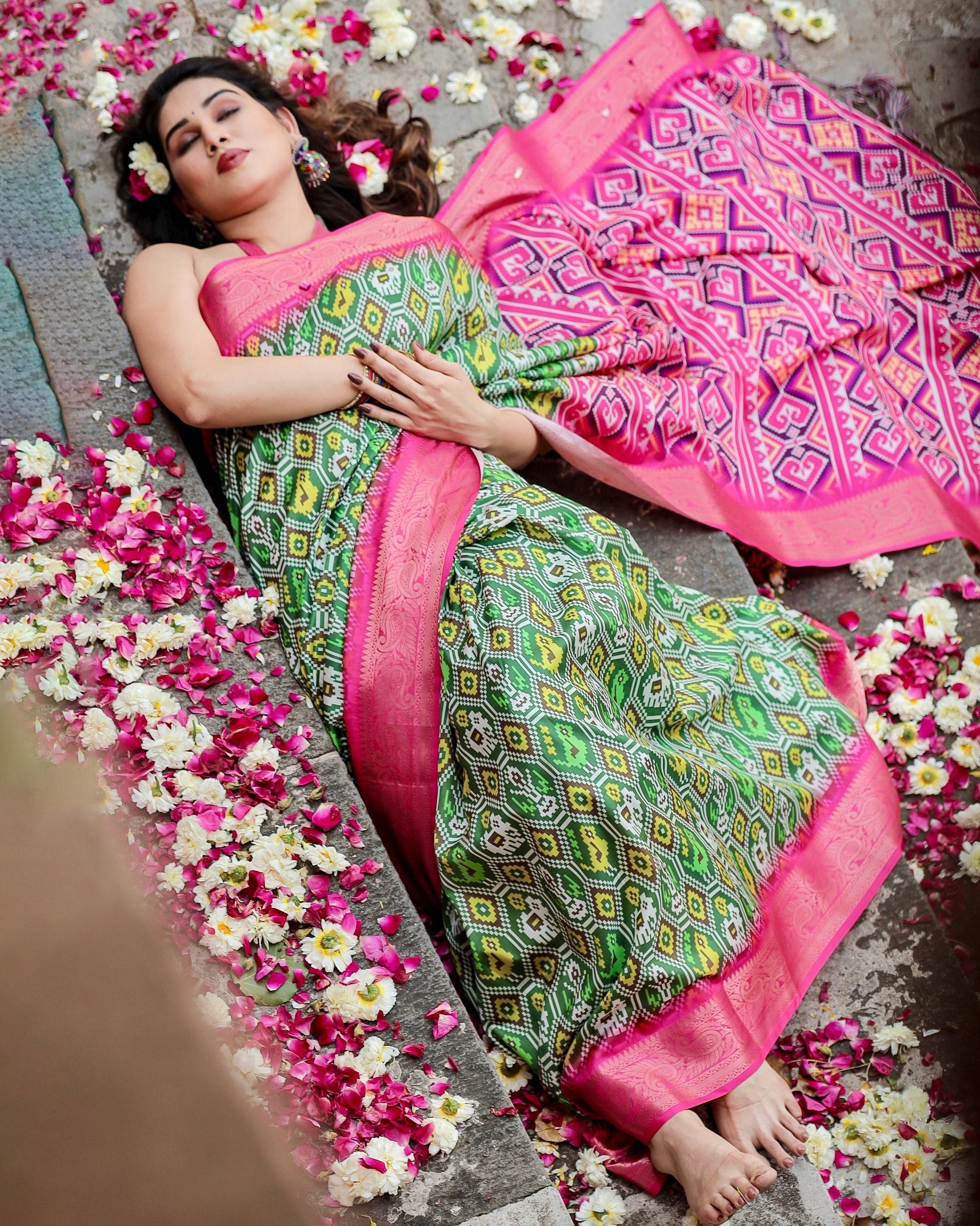 Green & Pink Floral Printed Cotton Silk Saree
