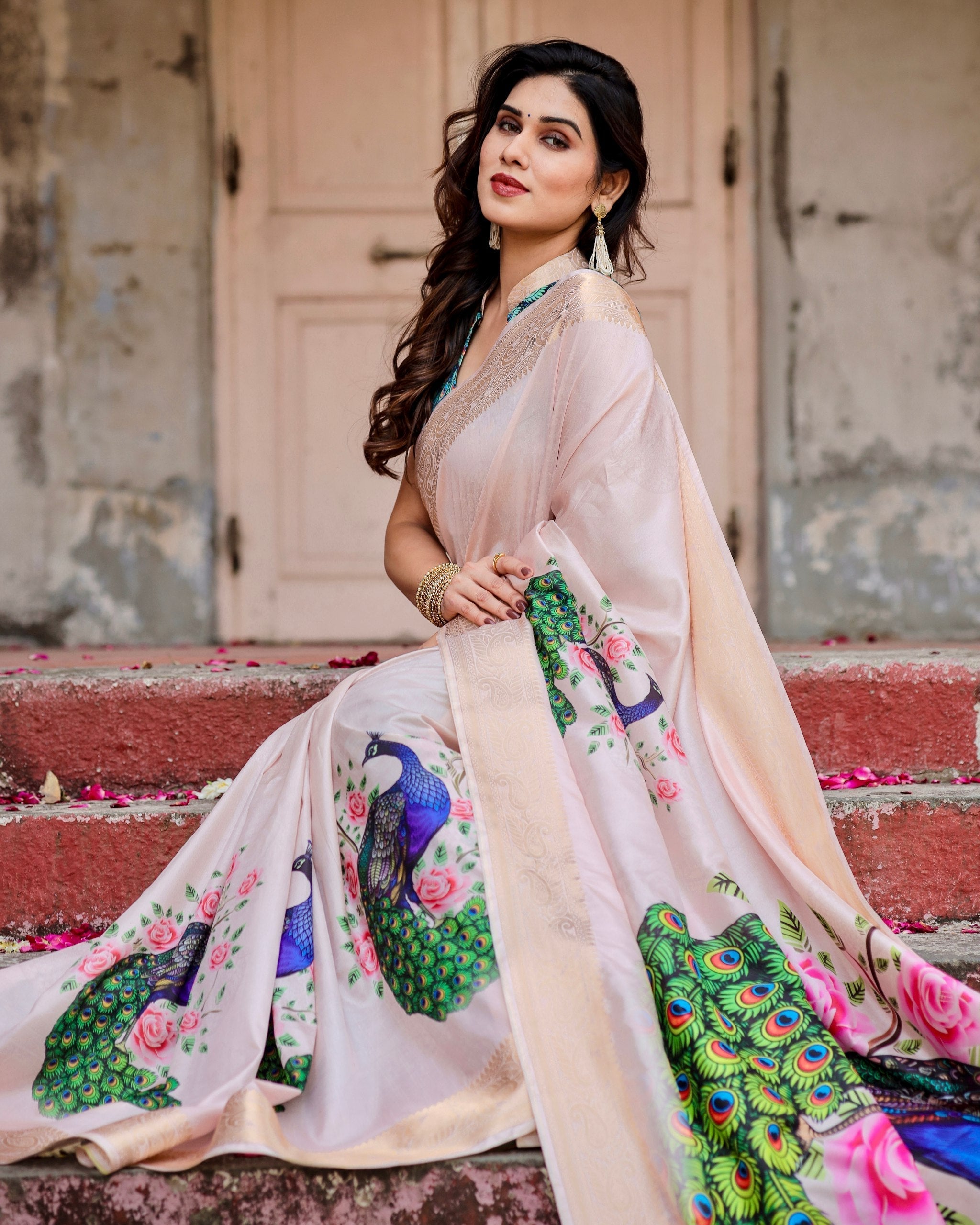 Cream Floral Printed Cotton Silk Saree