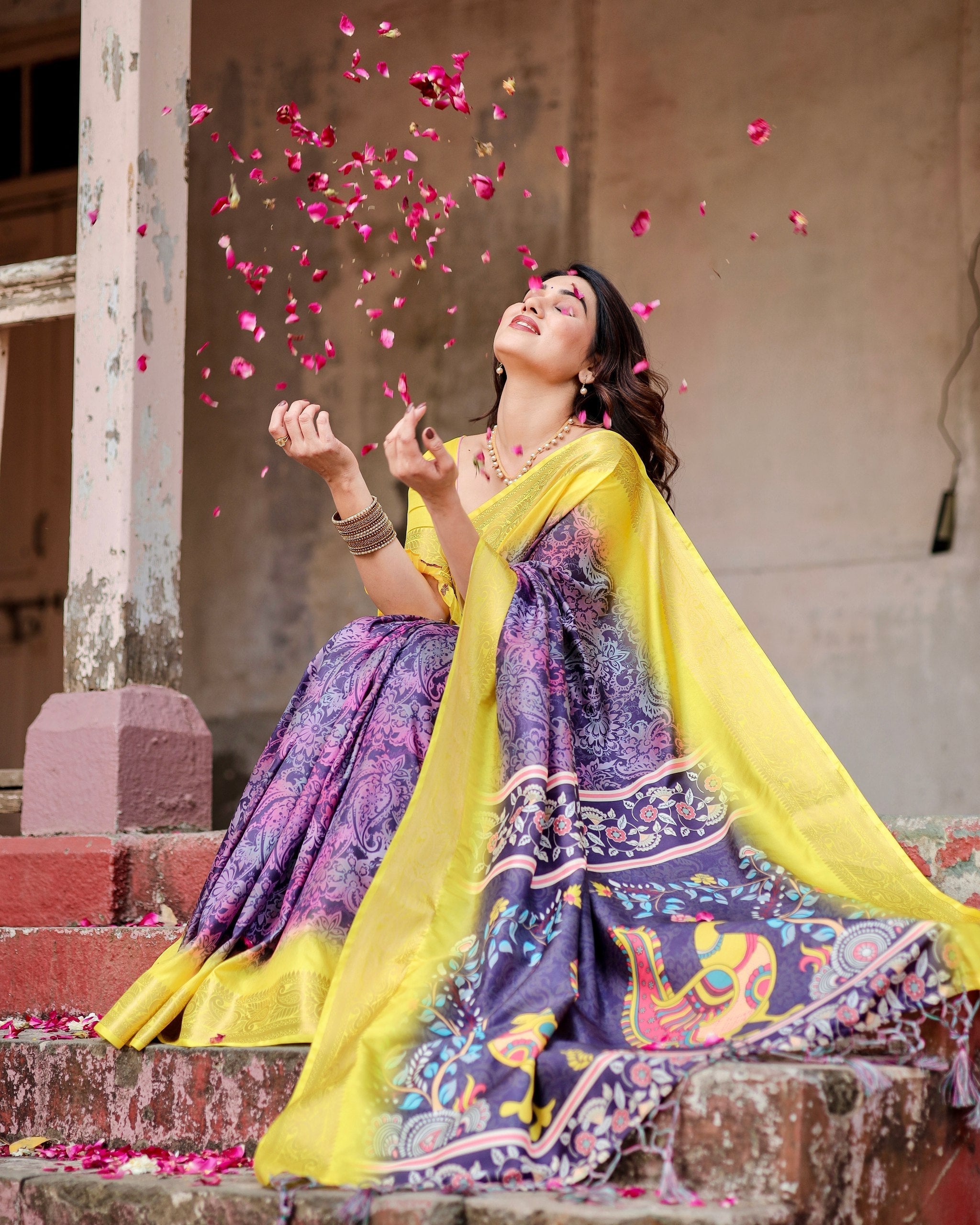 Wine & Yellow Floral Printed Cotton Silk Saree