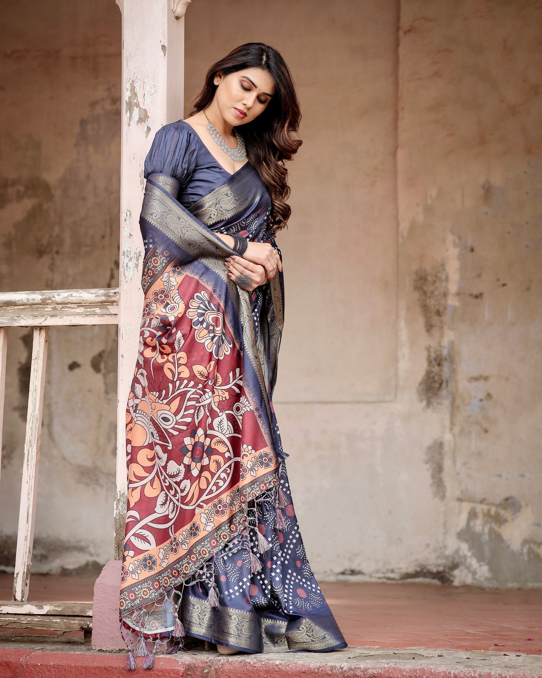 Navy Blue & Multi Floral Printed Cotton Silk Saree
