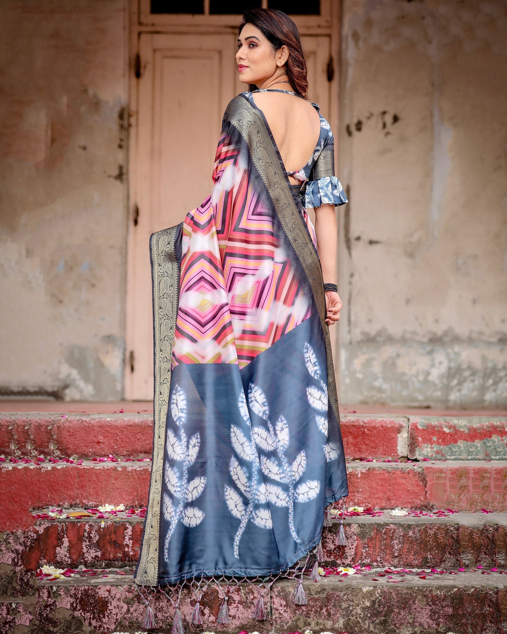 Black & Multi Floral Printed Cotton Silk Saree
