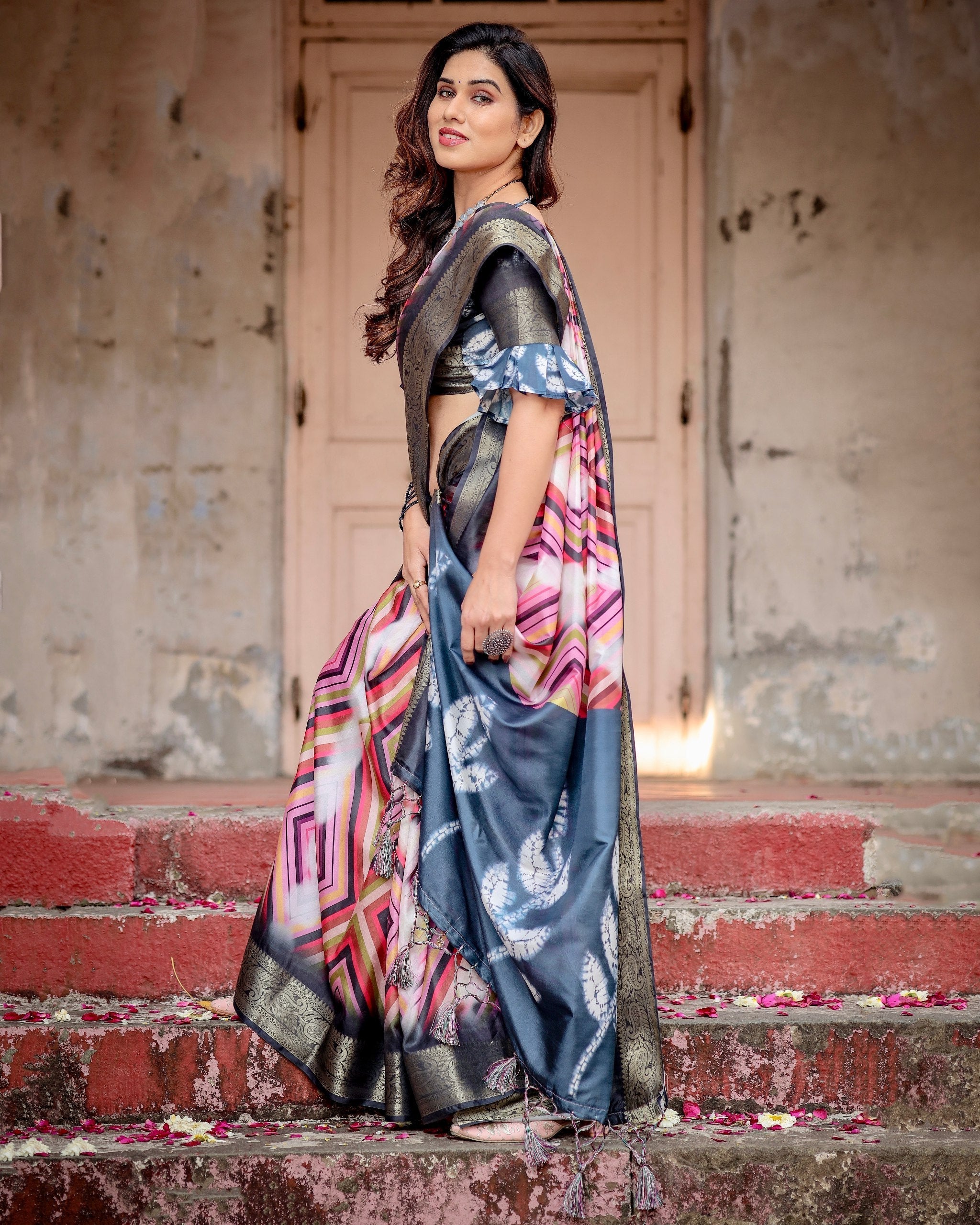 Black & Multi Floral Printed Cotton Silk Saree