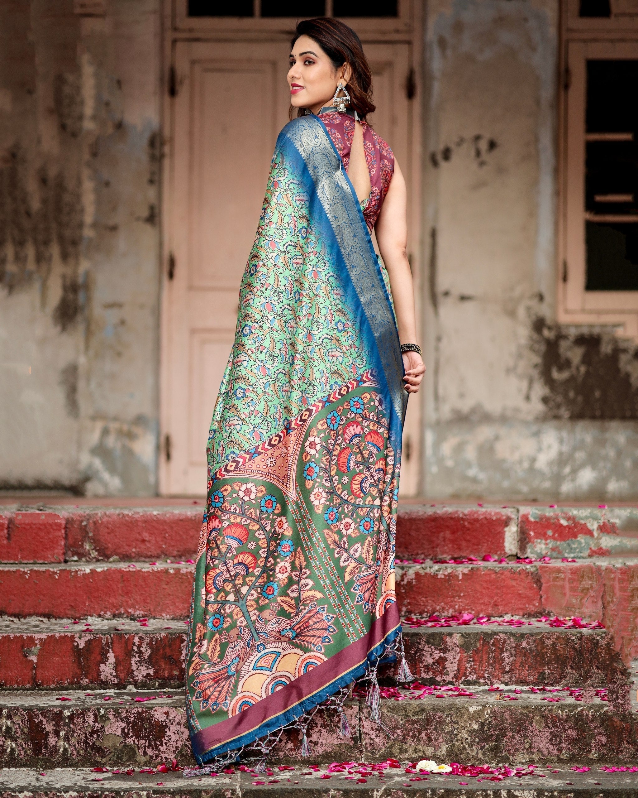 Light Green & Blue Floral Printed Cotton Silk Saree