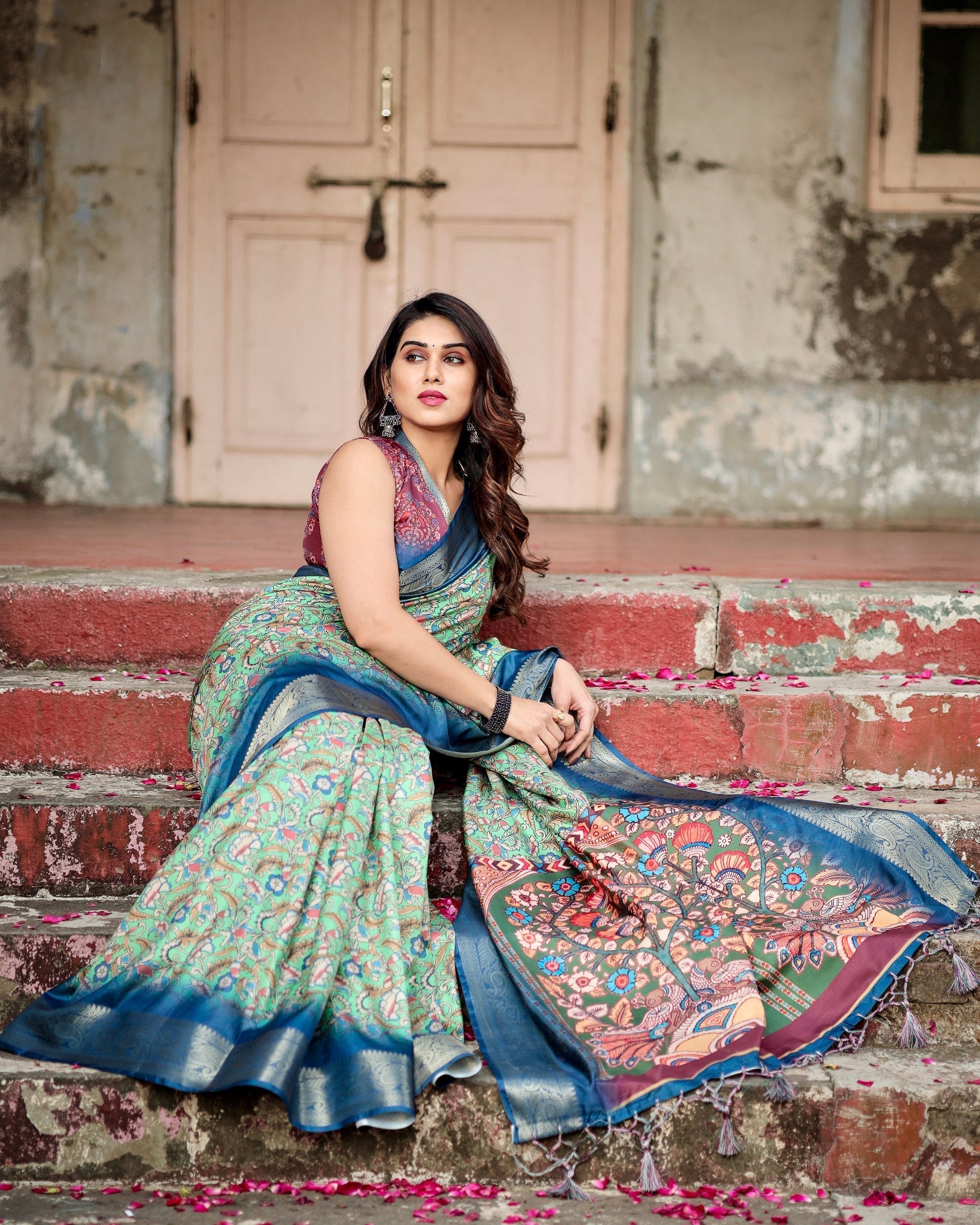 Light Green & Blue Floral Printed Cotton Silk Saree