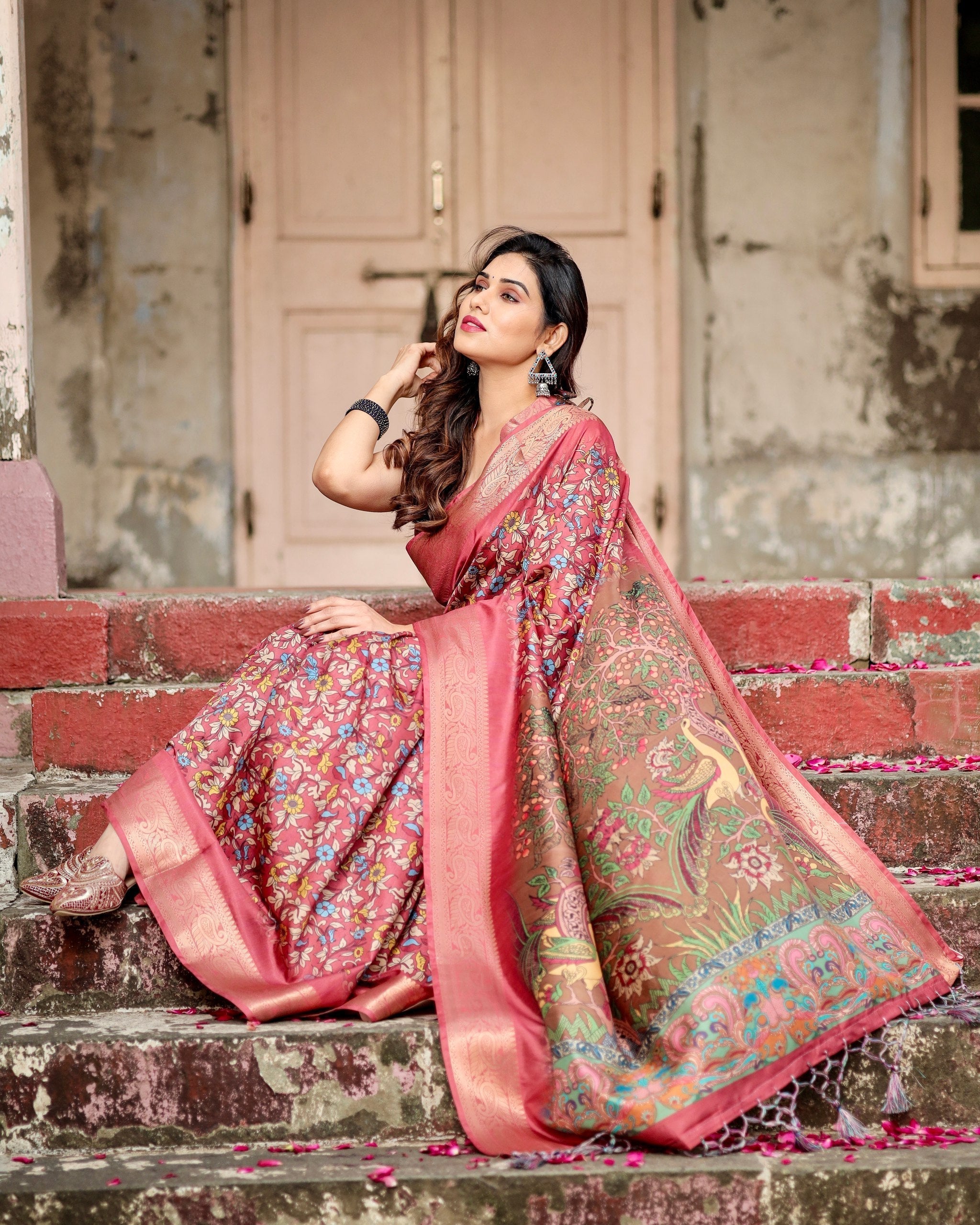 Dark Pink & Brown Floral Printed Cotton Silk Saree